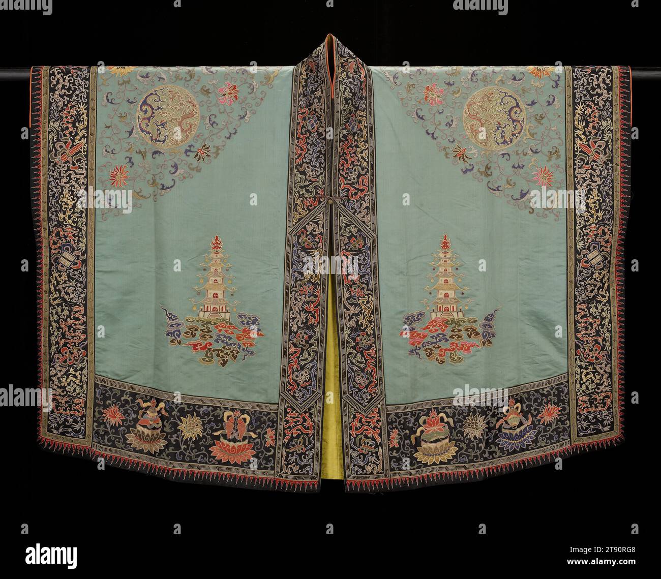Daoist priest’s robe (jiangyi), 1662-1722, L.57-1/4 in., Embroidered satin, China, 17th-18th century, The most notable feature of many Daoist robes is the 'cosmic diagram' on the upper back. This usually square composition contains various celestial symbols. Within a circle at its center, a pagoda surrounded by sunrays represents paradise, with clouds and stars. The colored disks outside the circle are stars, and three heavenly gates appear between the sun and moon along the square’s top edge. The scheme represents cosmic harmony and reflects Daoism’s focus on cosmology Stock Photo