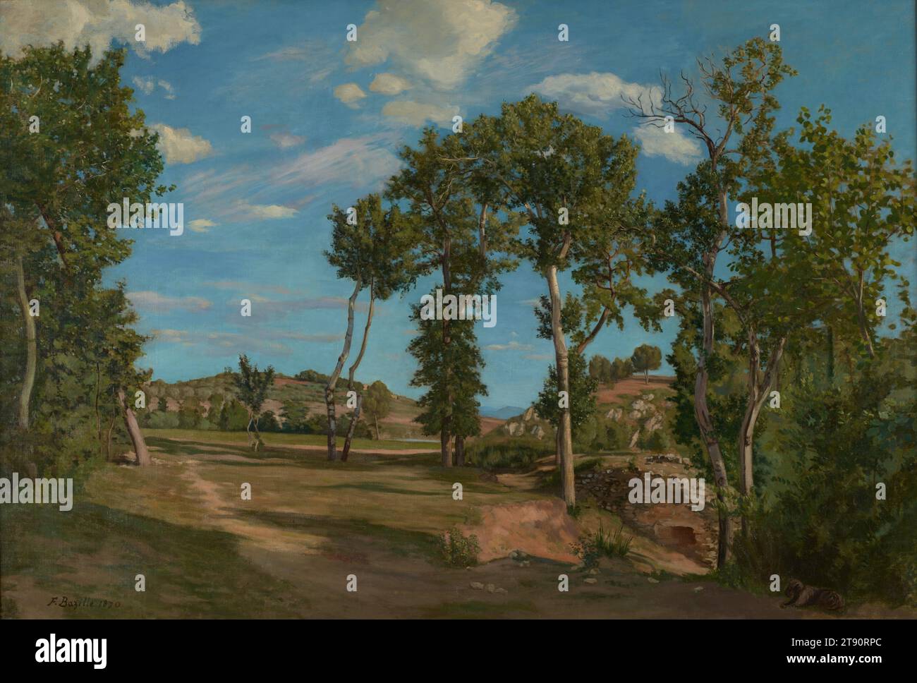 Landscape by the Lez River, 1870, Jean-Frédéric Bazille, French, 1841–1870, 54 x 79 in. (137.16 x 200.66 cm) (sight)66 1/4 x 91 1/2 x 4 in. (168.28 x 232.41 x 10.16 cm) (outer frame), Oil on canvas, France, 19th century, In June 1870, Bazille informed his father 'I have just about finished a large landscape (eclogue).' Two weeks later he enlisted in the French army to serve during the Franco–Prussian War and died in combat near Orléans in November. Landscape by the River Lez is the 'large landscape' mentioned in Bazille’s correspondence, and his specific reference to it as an 'eclogue' Stock Photo