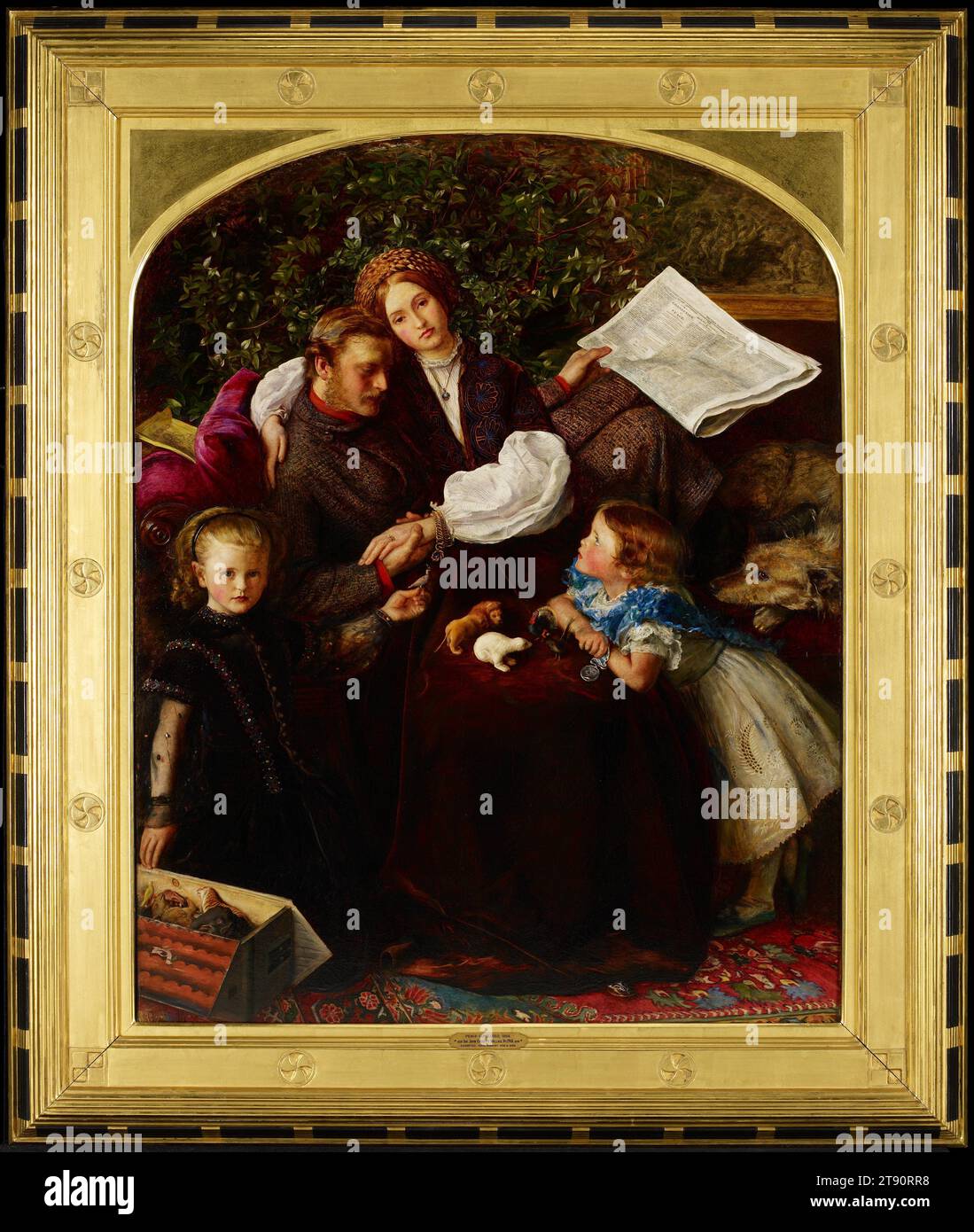 Peace Concluded, 1856, Sir John Everett Millais, British, 1829 - 1896, 46 x 36 in. (116.84 x 91.44 cm) (canvas)58 x 48 3/4 x 2 in. (147.32 x 123.83 x 5.08 cm) (outer frame), Oil on canvas, England, 19th century, At first glance this appears to be a family portrait complete with realistic details of middle-class English decor. In fact, it is a staged scene of domestic harmony, celebrating the end of the Crimean War. The father, a wounded officer, holds a copy of the Times announcing the war's end. One daughter clasps his combat medal. On the mother's lap, four animals from the toy Noah's Ark Stock Photo