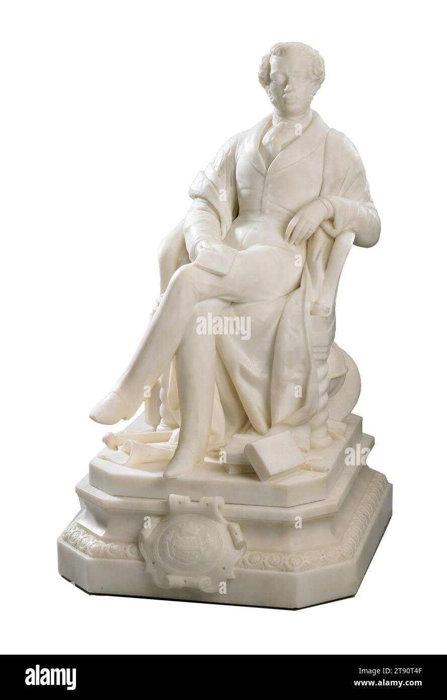 Prince Anatole Demidoff, 1839, Jean-Pierre Dantan II, French, 1800 - 1869, 19 x 11 x 13 in. (48.26 x 27.94 x 33.02 cm), Marble, France, 19th century, Anatole Demidoff, Prince of San Donato (1812-70), was one of the foremost art collectors of the mid-19th century as well as a distinguished scientist and explorer. In this portrait by Jean-Pierre Dantan, Demidoff is shown with the attributes of his collecting -- a classically inspired ewer and basin -- and tools indicative of his scientific explorations -- a globe, telescope, compass, and maps. Stock Photo