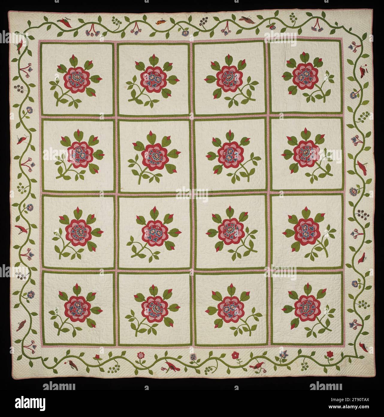 Rose of Sharon quilt, c. 1850, L.78-7/8 x W.78-7/8 in., Cotton; hand appliquéd and pieced; quilted, United States, 19th century, Quilts such as this Rose of Sharon pattern with a fruit and bird border were often made to celebrate special occasions such as a wedding and were given as a gift or were part of a dowry. In general, they did not serve as an everyday bed cover but were displayed on holidays and for other celebrations Stock Photo