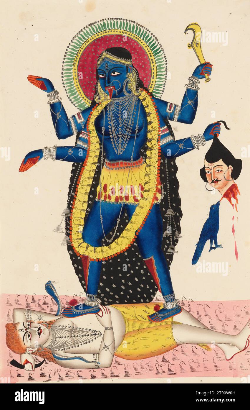 Kali Trampling Upon Shiva, 1854-55, 17 11/16 x 11 in. (45 x 28 cm), Watercolor on paper, India, 19th century, Once, when the world was threatened by a demon who could not be killed by any male being, human or divine, the gods imbued Parvati (Uma) with their powers. She became Kali, the wrathful, and quickly defeated the demon. But she did not stop there. Instead, she kept on dancing, threatening to destroy all life. Unable to stop her through brute force, her lover Shiva lay down in front of her, allowing her to trample his body, ending her rampage Stock Photo