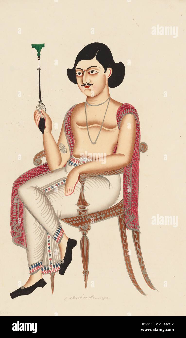 Holding a Hookah, 19th century, 17 11/16 x 11 1/8 in. (45 x 28.3 cm), Watercolor on paper, India, 19th century, The babu, or Indian bureaucrat, was a much parodied figure in the arts. His mannerisms and appearance reflected his engagement with the British world of fashion and etiquette as he climbed the social ladder away from the Indian middle class. Here, he is depicted as a dapper dandy smoking a hookah. He is draped in a chic waistcloth, shawl, sports heeled shoes, and a Prince Albert hairstyle Stock Photo