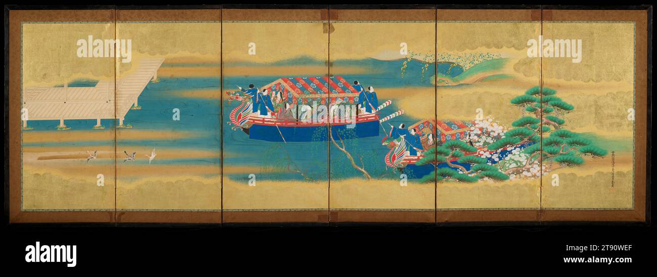 Boating Episode right of the pair Episodes from the 'Butterflies' Chapter of the Tale of Genji, late 18th century, Tosa Mitsusada, Japanese, 1738 - 1806, 23 7/16 x 68 1/2 in. (59.5 x 174 cm), Ink, color, and gold on paper, Japan, 18th century, This screen, along with its mate, illustrates an episode from 'Butterflies,' chapter 24 of The Tale of Genji, in which Genji organizes springtime festivities in the garden of Murasaki, his favorite consort. This screen shows the noblewomen with their multilayered robes enjoying the garden from exotic pleasure boats with phoenix and dragonhead prows. Stock Photo