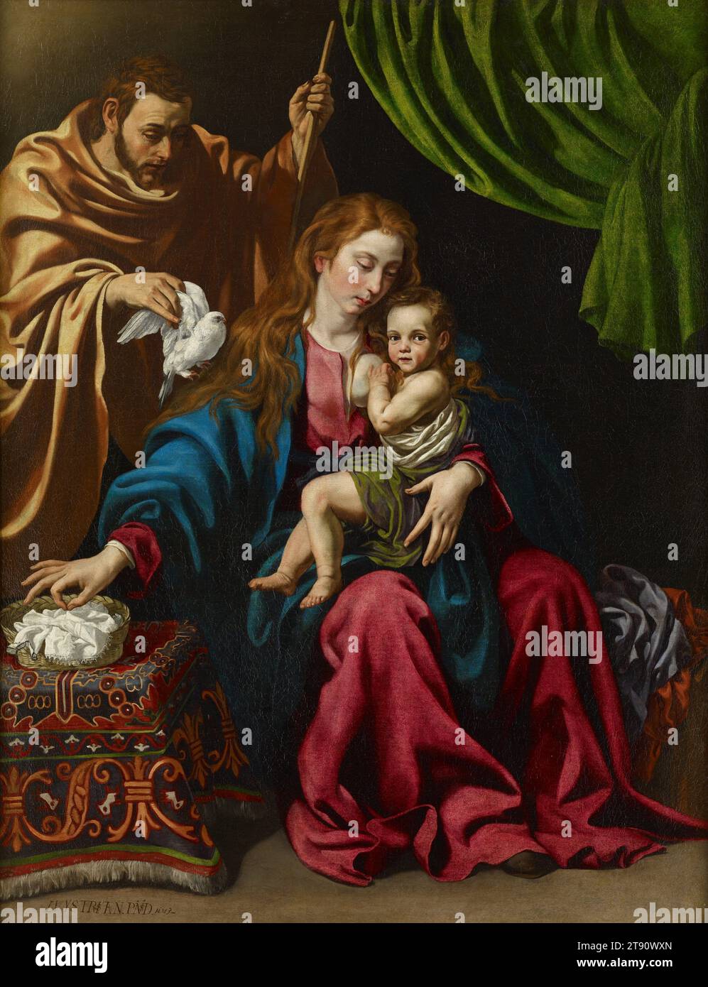 Holy Family, 1613, Luis Tristán, Spanish, 1586–1640, 56 x 43 in. (142.24 x 109.22 cm) (canvas)73 1/2 x 61 1/4 x 3 3/8 in. (186.69 x 155.58 x 8.57 cm) (outer frame), Oil on canvas, Spain, 17th century, With intense realism, and not-so-subtle symbolism, the Holy Family (Mary, Joseph, and Jesus) is caught in a very intimate moment. The young parents are cuddling their child, who for a moment stops suckling and stares at the beholder, heedless of the dove the father is showing him, which alludes to the Holy Spirit. The figures’ grave expressions anticipate the tragedy to come. Stock Photo