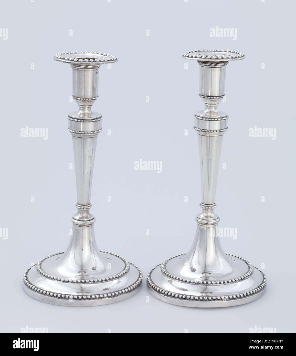 Candlestick, one of a pair, c. 1790, GV; Artist: BB, Italian, (name and dates unknown), 10 1/2 x 5 1/2 x 5 1/2 in. (26.7 x 13.97 x 13.97 cm), Silver, Italy, 18th century Stock Photo