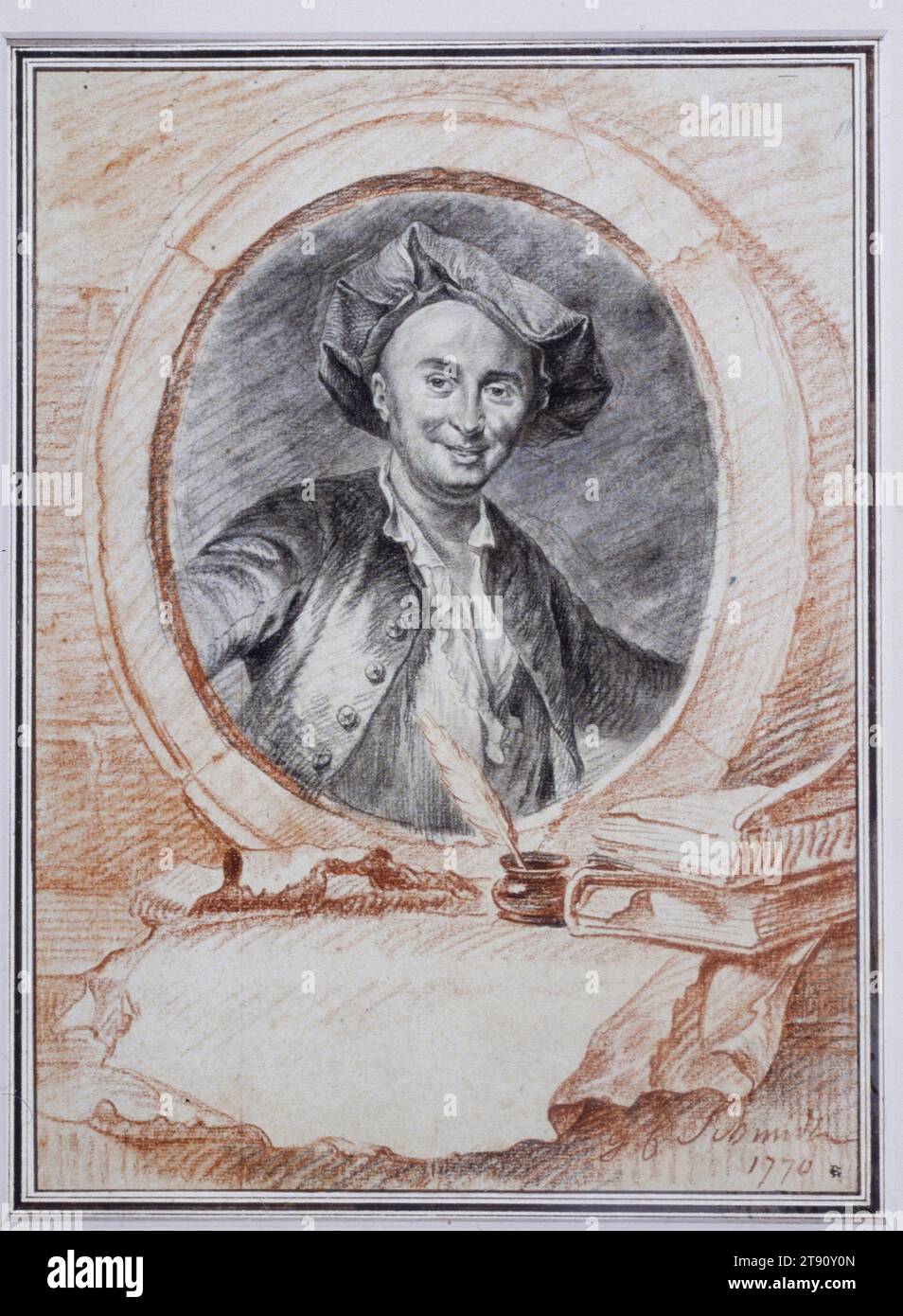 Portrait of Julien Offray de La Mettrie (1709–1751), 1770, Georg Friedrich Schmidt, German, 1712 - 1775, 12 9/16 x 9 3/16 in. (31.91 x 23.34 cm) (sheet), Sanguine and conté crayon, Germany, 18th century, A native of Berlin, Schmidt came to Paris to study printmaking with Nicolas Larmessin and became a member of the Royal Academy in 1742. He returned to Berlin in 1744 to serve as engraver to the King of Prussia and in 1757, established a school for printmakers at Saint Petersberg. The subject of Schmidt’s portrait, Julien Offray de La Mettrie (1709–1751) Stock Photo