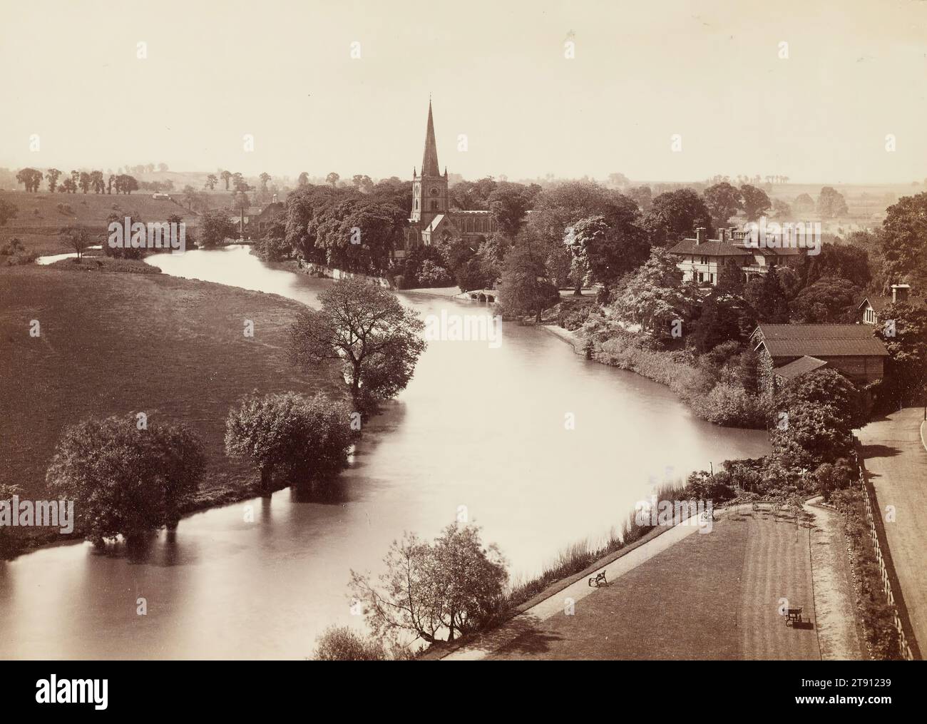 Church and River from Memorial, Stratford-on-Avon, England, 19th century, Francis Bedford, British, 1816 - 1894, 6 3/16 x 8 11/16 in. (15.72 x 22.07 cm) (image)11 1/16 x 13 15/16 in. (28.1 x 35.4 cm) (mount), Albumen print, England, 19th century Stock Photo