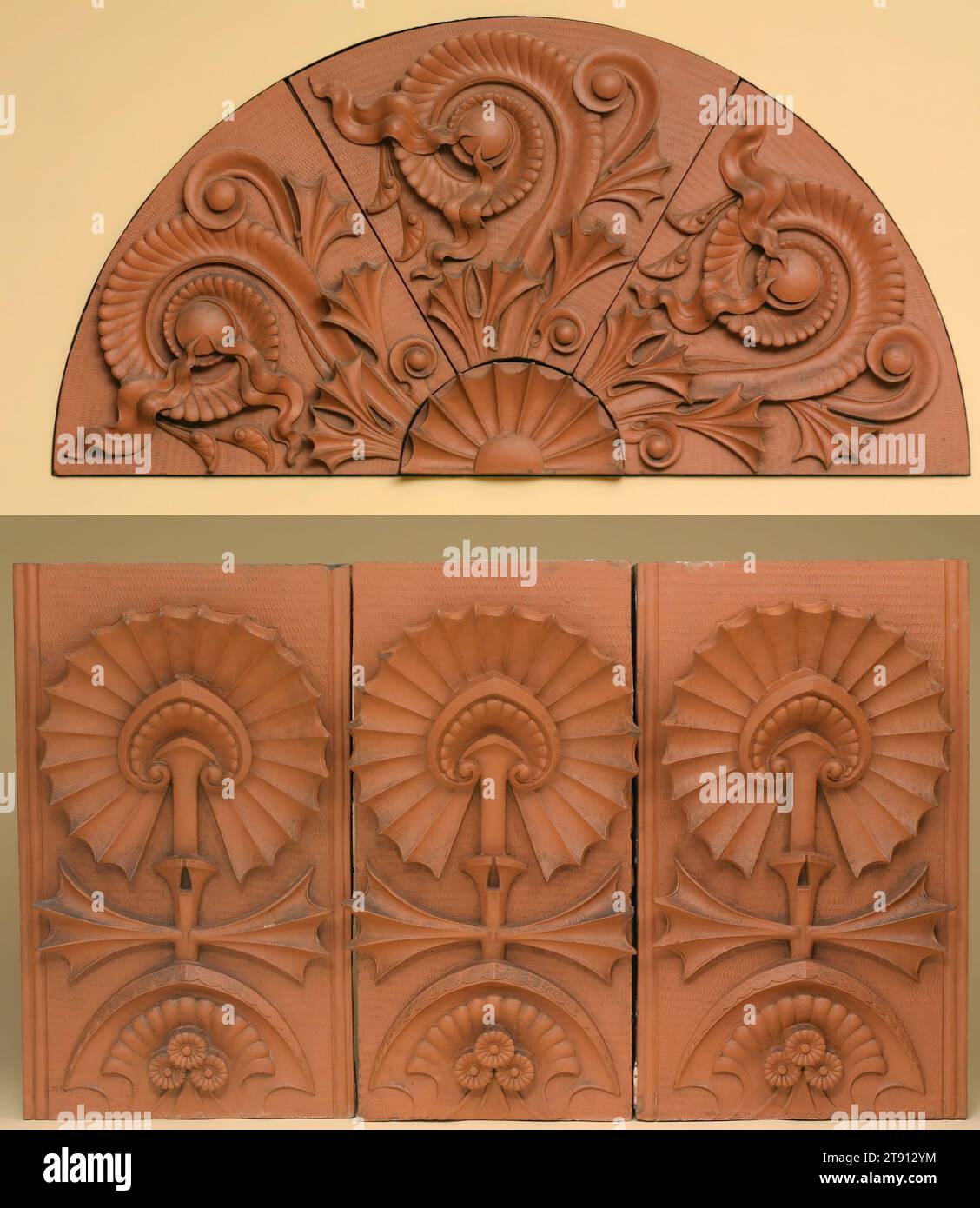 Lunette, 1884-1885, Louis Henri Sullivan; Maker: Northwestern Terra Cotta Works (a.k.a. Norweta), American, 1856-1924, Terracotta, United States, Chicago Style, Louis Sullivan designed these terracotta panels for the exterior of the Scoville Building in Chicago, one of the Adler and Sullivan firm's earliest commissions. It required them to remodel an existing Adler structure to accord with a new, much larger addition. The terracotta pieces shown here formed part of the organic decoration of stylized plants with which Sullivan tied the two buildings together. This lunette ornamented the arch Stock Photo