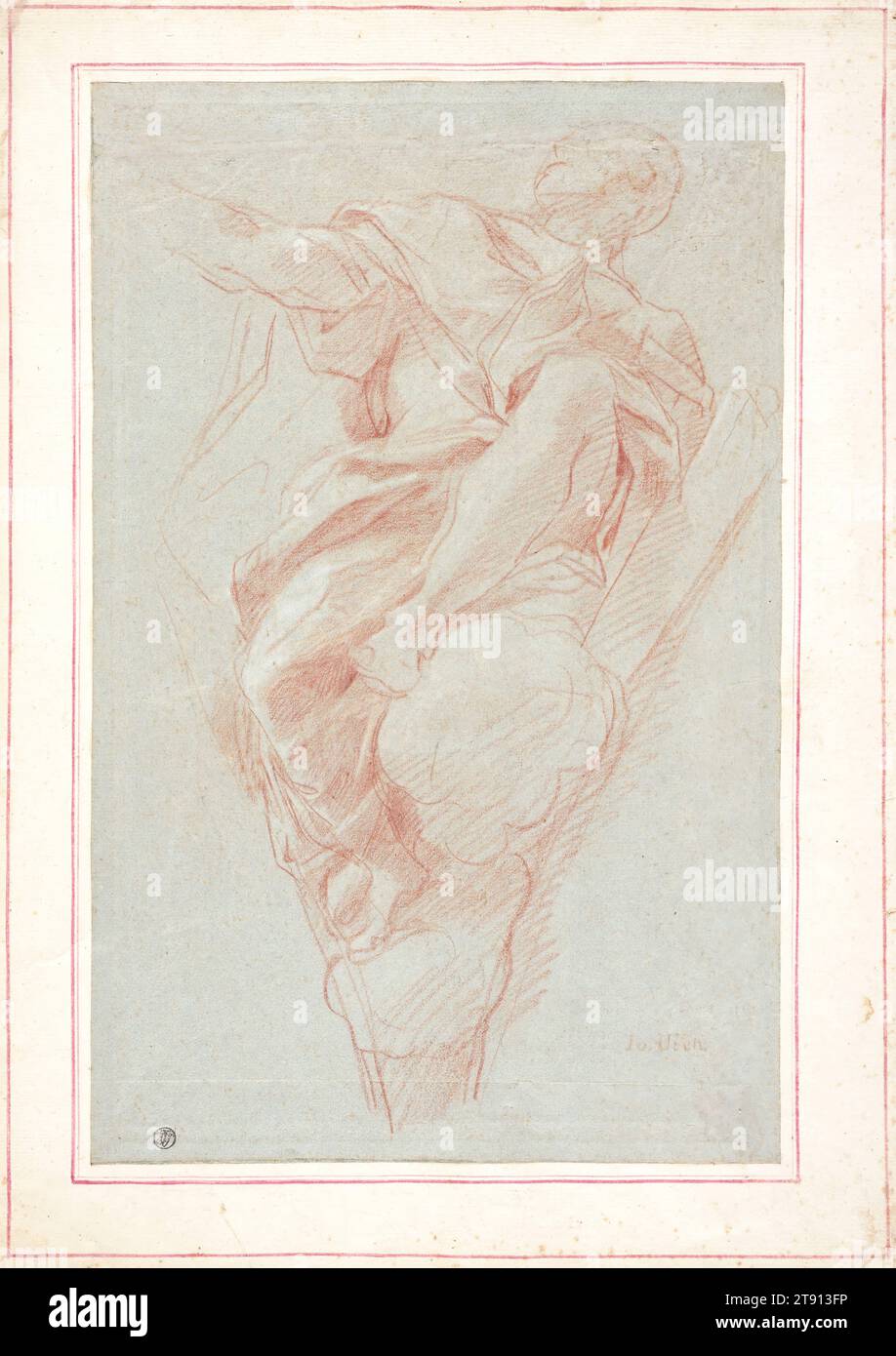 Study for a Figure of Balaam (recto) and Study for a Right Arm (verso), 1682-1683, Carlo Maratti, Italian, (Roman), 1625 - 1713, 16 3/4 x 10 3/4 in. (42.55 x 27.31 cm) (image)19 7/8 x 14 1/4 in. (50.48 x 36.2 cm) (set into border), Red chalk on blue laid paper, Italy, 17th century, Carlo Maratti, arguably the preeminent painter in Rome in the late 17th century, executed this sheet of studies while designing mosaics for the Chapel of the Presentation of the Holy Virgin in St. Peter's. This boldly drawn male figure seated on clouds is the Old Testament prophet Balaam Stock Photo