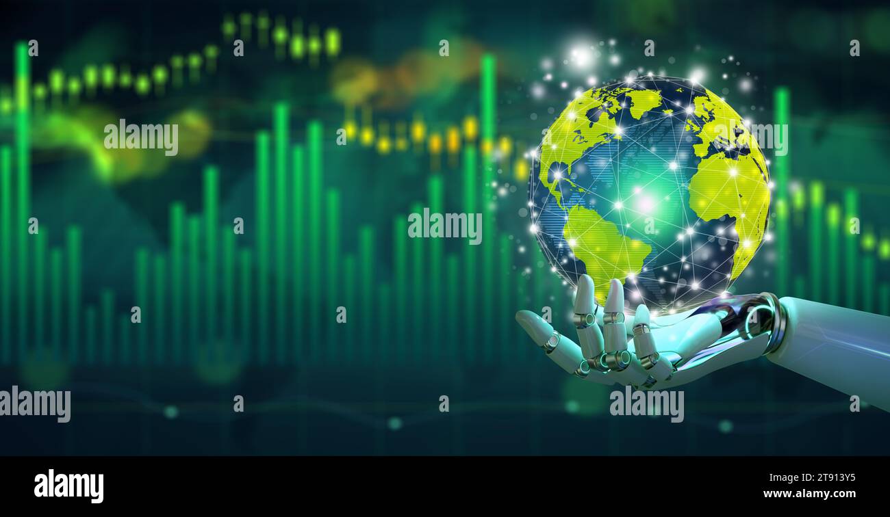 Ai robot hand holding globe over the stock market financial data. Copy space. World Financial with Artificial Intelligence Concept. Stock Photo
