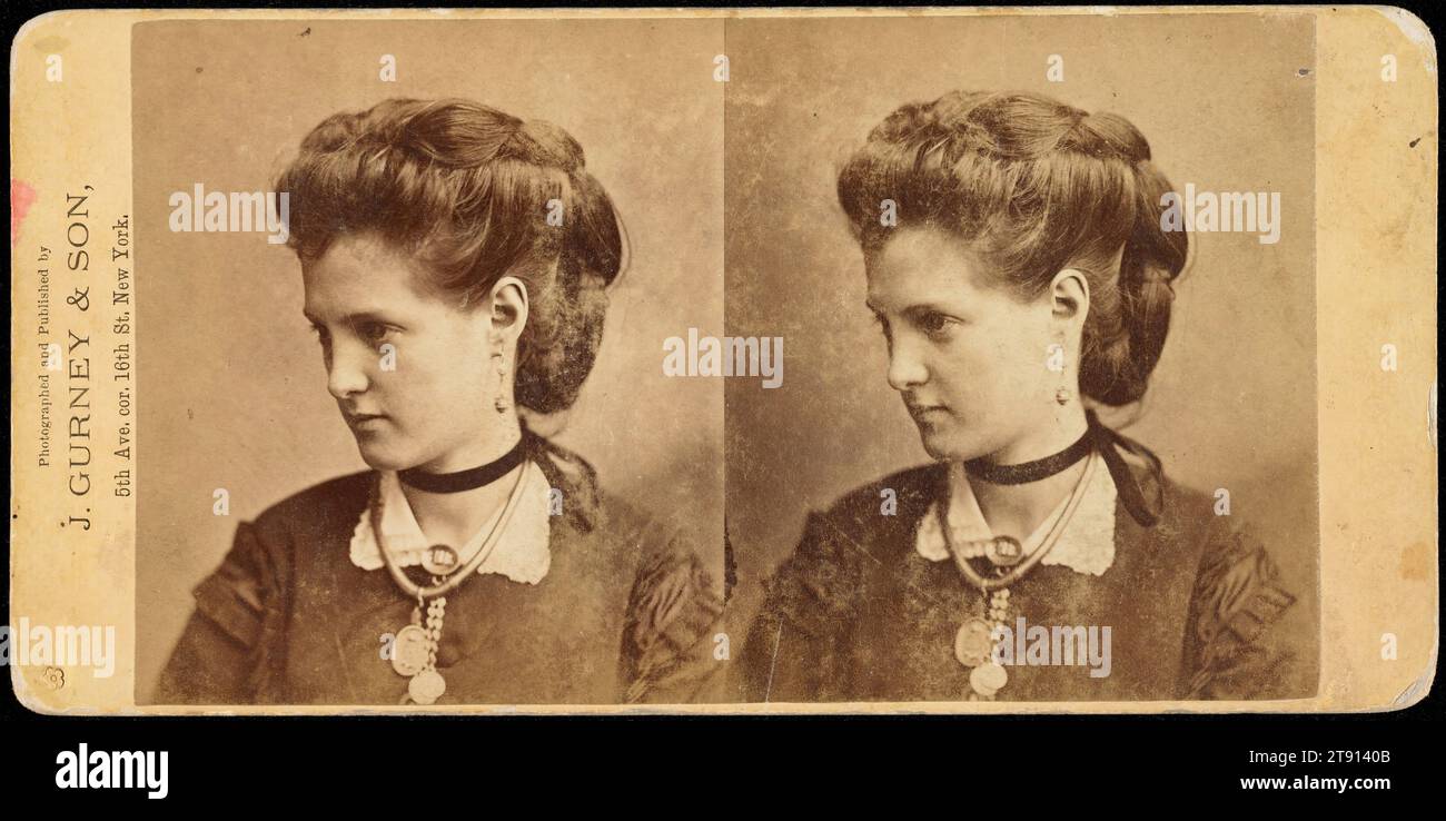 portrait of an unidentified actress, 1869-1874, Jeremiah Gurney, American, 1812 - 1895, 3 5/16 x 5 3/4 in. (8.41 x 14.61 cm) (image)3 7/16 x 6 7/8 in. (8.73 x 17.46 cm) (mount), Albumen print (stereocard), United States, 19th century Stock Photo
