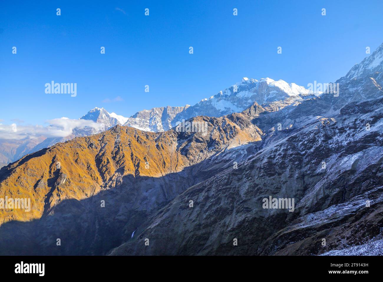 Mountain landscape along Khopra Khayer Lake Trek in Nepal Stock Photo