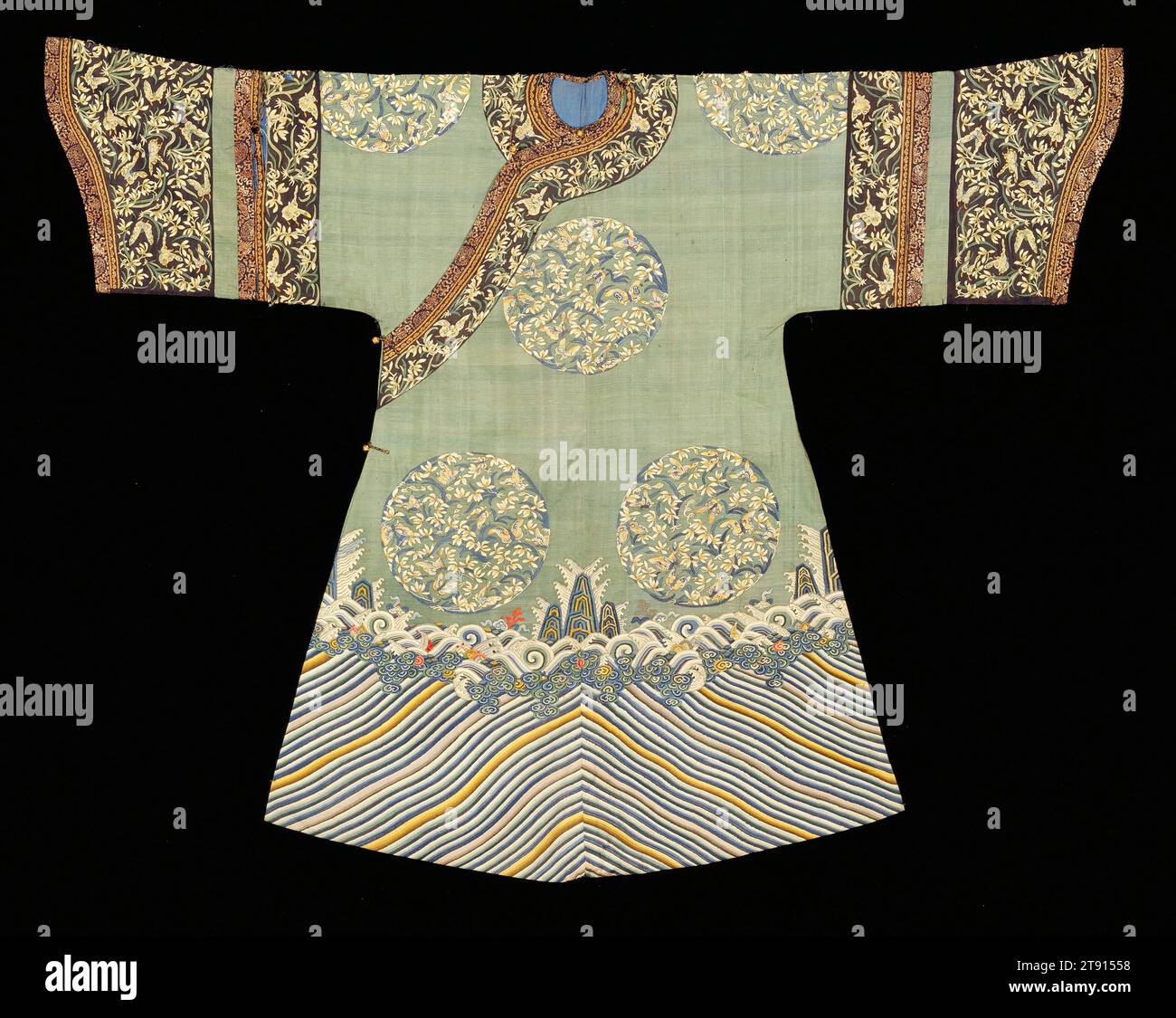 Manchu Woman's Informal Court Robe, late 19th century, 58 x 77 1/2 in. (147.32 x 196.8 cm), Silk tapestry (kesi), China, 19th century, The informal level of court attire called ch'ang-fu included garments worn outside official court ceremonies. The more formal ch'ang-fu robes used the eight medallion scheme, imperial wave pattern in the hem, and large flared cuffs seen here. This striking gown features medallions and cuffs decorated with grass orchids (cymbidiums) and butterflies in well-coordinated patterns that create a sense of harmony. In addition to being a favorite flower of literati Stock Photo
