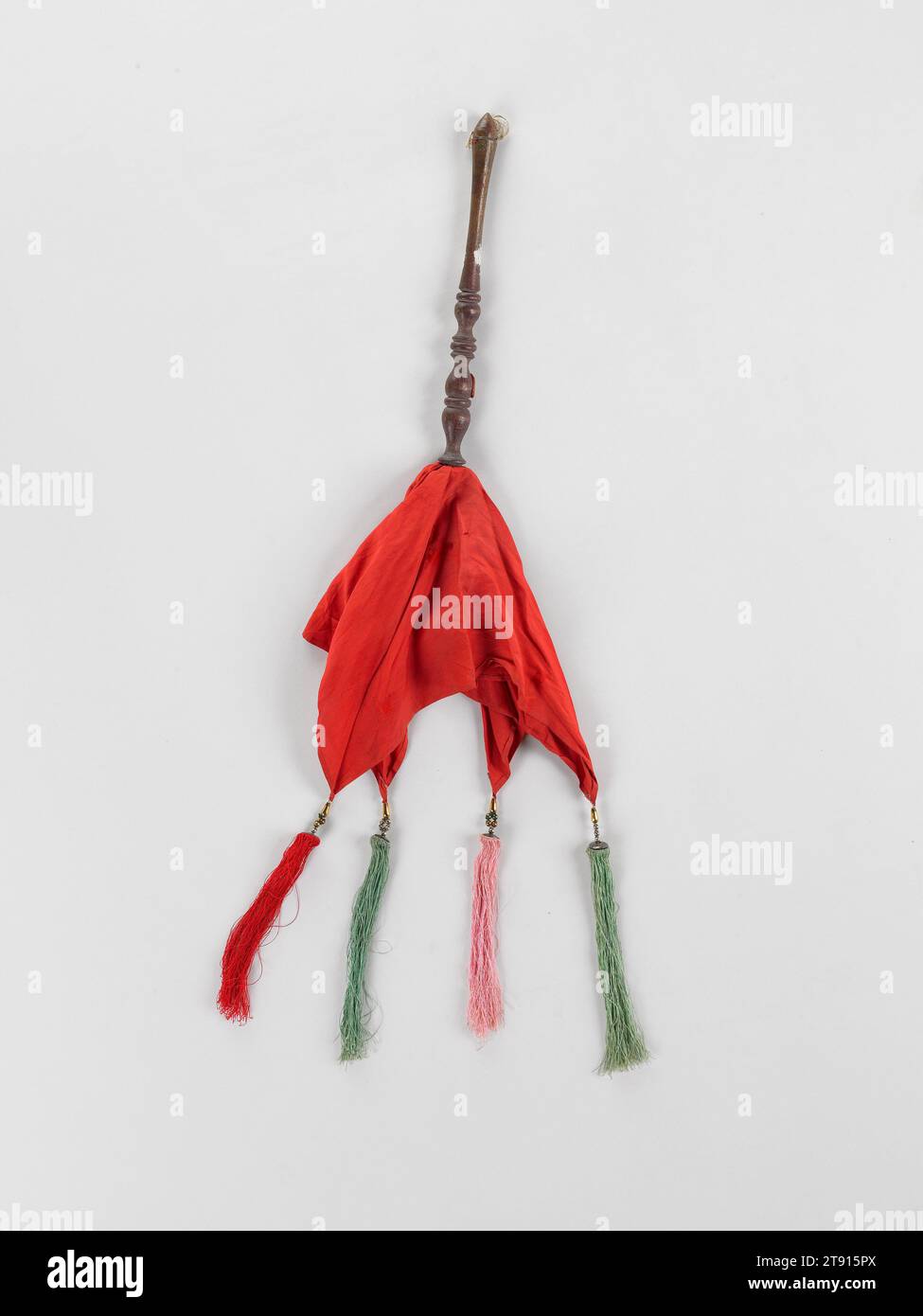 Fly Whisk, late 20th century, 17 in. (43.18 cm), Cotton, wood, plastic beads, synthetic fringe attachments, embroidery, China, 20th century Stock Photo