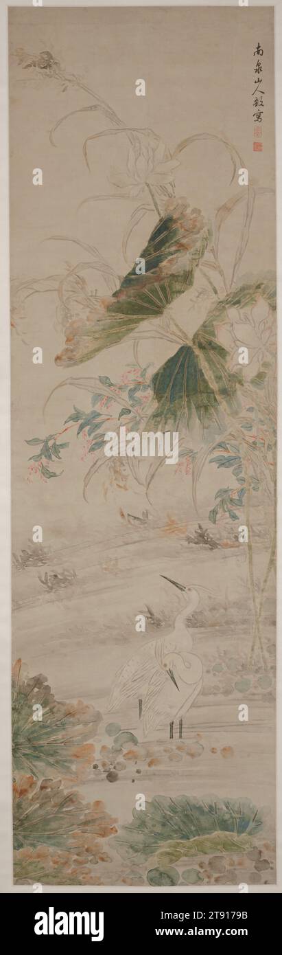 Egrets, Lotus and Hibiscus Mutabilis, 18th century, Zhang Yu, Chinese, 1734 - 1803, 73 x 22 1/8 in. (185.42 x 56.2 cm) (image), Ink and color on paper, China, 18th century, After the spread of Buddhist belief in China, the lotus was imbued with religious associations and became known as the sacred flower of Buddhism. The lotus flower blooms above the water, just as Buddha was born into the world but lives above it. The lotus fruits are said to be ripe when the flower blooms, just as the truth preached by Buddha immediately bears the fruit of enlightenment. Stock Photo