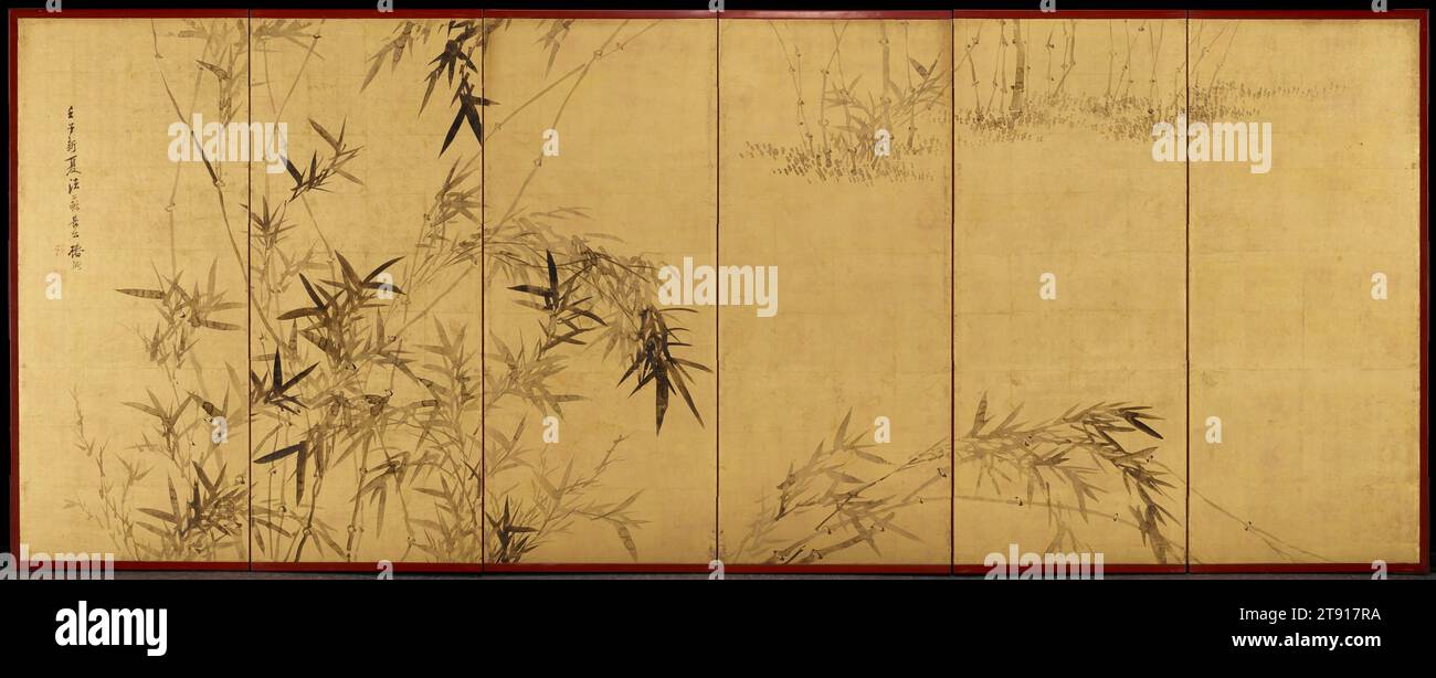 Orchids and Bamboo left of a pair, 1852, Tsubaki Chinzan, Japanese, 1801 - 1854, 41 3/8 x 103 1/2 x 5/8 in. (105.1 x 262.9 x 1.6 cm) (panel), Ink on paper and gold leaf, Japan, 19th century, These screens use richly symbolic natural motifs—orchid and bamboo—to praise the character of scholar-officials like the artist Tsubaki Chinzan himself. The right screen illustrates a grotto of wild epidendrum orchids—small, unassuming plants that grow even in harsh conditions and send forth a marvelous fragrance, just as studious scholars succeed no matter the condition in which they might find themselves Stock Photo
