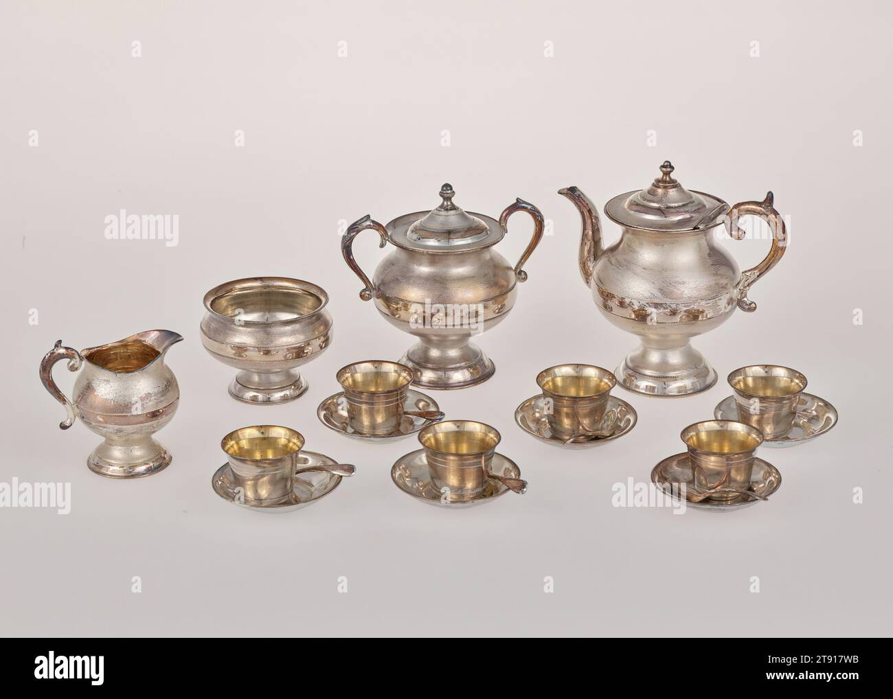 Creamer, from a children's tea service, c. 1875, James Tuff, 2 3/8 x 2 7/16 x 1 3/4 in. (6.03 x 6.19 x 4.45 cm), Silver plated pewter, United States, 19th century Stock Photo