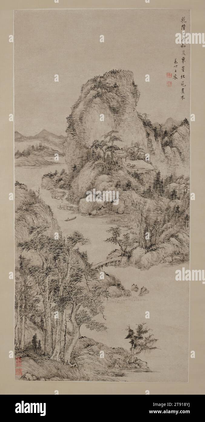 Landscape after Dong Yuan, 1775, Wang Chen, 1720 - 1797, 39 x 18 7/16 in. (99.06 x 46.83 cm) (image), Ink on paper, China, 18th century, Wang Chen was born in Tai Cang, Jiangsu province in 1720. He was a sixth generation descendant of the orthodox master Wang shimin (1592-1680) and the grandson of Wang Yuanchi (1642-1715). Wang passed the second-degree provincial exams in 1760 and later served as the prefect of Yongzhou in Hunan province. As a painter, Wang Chen carried on the well-established orthodox tradition of his family lineage which was derived from the Four Great Masters of the Yuan Stock Photo