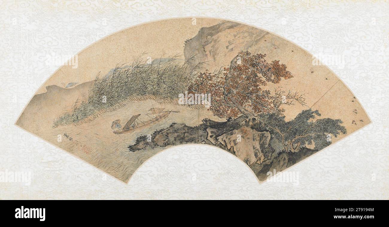 Stormy Landscape with Fishermen at Sea, 17th century, Zhou Chen, active 1490 - 1535, 9 5/8 x 20 3/4 in. (24.45 x 52.71 cm) (image, sheet), Ink and color on gold-flecked paper; fan, China, 17th century, Many leading artists, both calligraphers and painters produced fan paintings. Literati were often at their best in small format paintings where the subtleties of brushwork could be readily appreciated and discerned Stock Photo