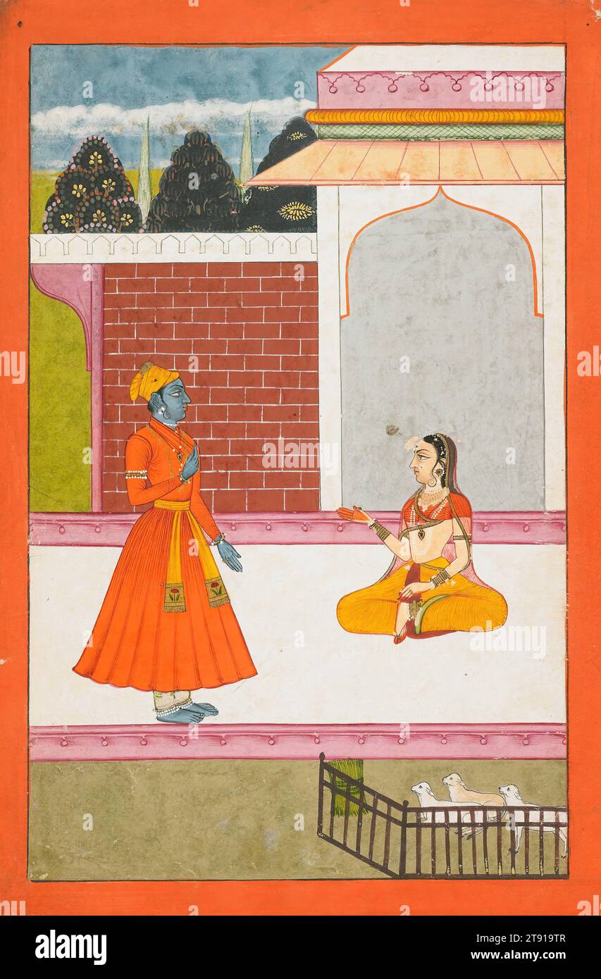 Krishna and Radha, c. 1680, 8 3/4 x 6 in. (22.23 x 15.24 cm), Opaque watercolor on paper, India, 17th century, The Rasikapriya (The Lovers Breviary), a late-sixteenth-century verse written in Hindi by the poet Keshavadasa, analyzes the stages of love through analogy with romantic incidents involving Radha and Krishna. This literary classic became a favorite source for court painting throughout the Hindu courts of Rajasthan. The allegorical union of Krishna, the Dark Lord, with his consort, Radha, was a popular subject in Rajput painting, especially among followers of the Vallabharya sect Stock Photo