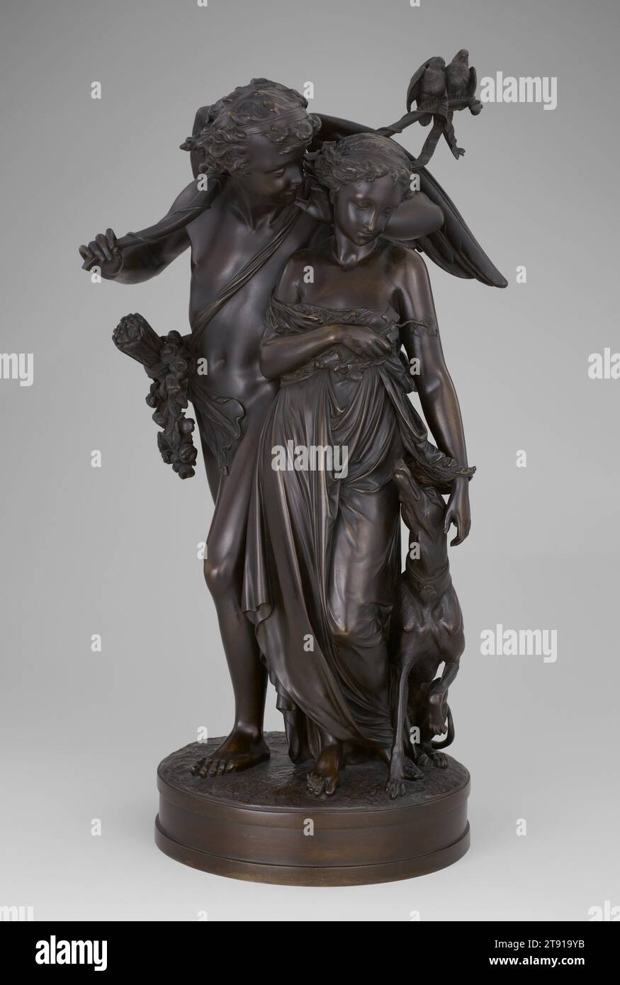 L'Amour et L'Amité, c. 1857, Albert-Ernest Carrier-Belleuse, French, 1824–1887, 30 x 12 in. (76.2 x 30.48 cm), Bronze, France, 19th century, Carrier-Belleuse made his Salon debut in 1850, but it was the exhibition of works such as Love and Friendship at the 1857 Salon that gained the sculptor recognition. The allegorical pairing of Love and Friendship first became popular in the 1750s under Madame de Pompadour's patronage, but fell out of fashion by the end of the 18th century. At a time when Rococo themes and styles were once again en vogue, Carrier-Belleuse reintroduced this subject. Stock Photo