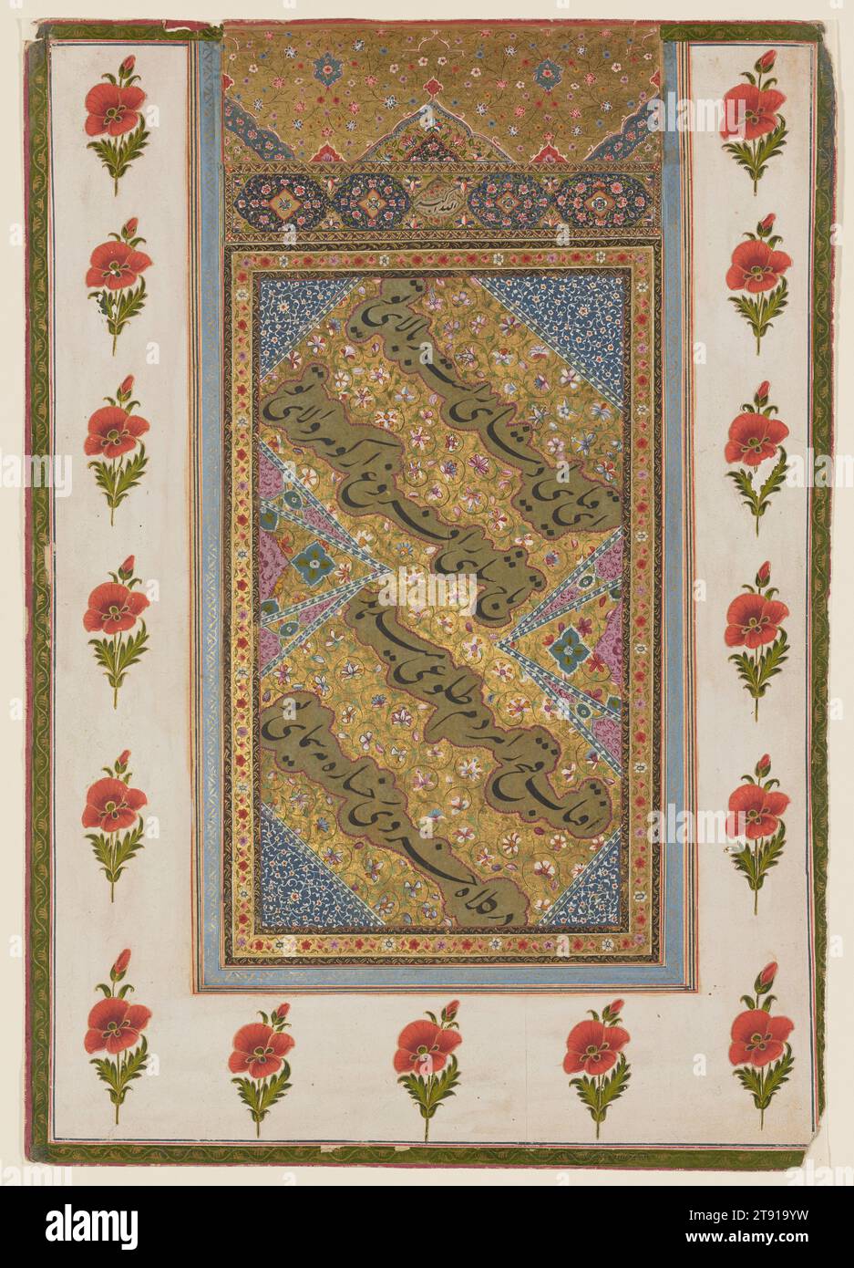 Album folio of poetry, c. 1725, 16 x 11 1/4 in. (40.64 x 28.58 cm), Opaque watercolor and gold on paper, India, 18th century, Album pages combining fine calligraphy with borders richly illuminated with floral and animal motifs were a favorite Mughal art form as early as Jahangir (1569-1627). During this time, the precious albums assembled from various sources (muraqqa), became popular at court and somewhat supplanted the illustrated book. The taste and expertise of its compiler, rather than the talent of a single artist, determined the range of theme, artistic quality, and coherency Stock Photo