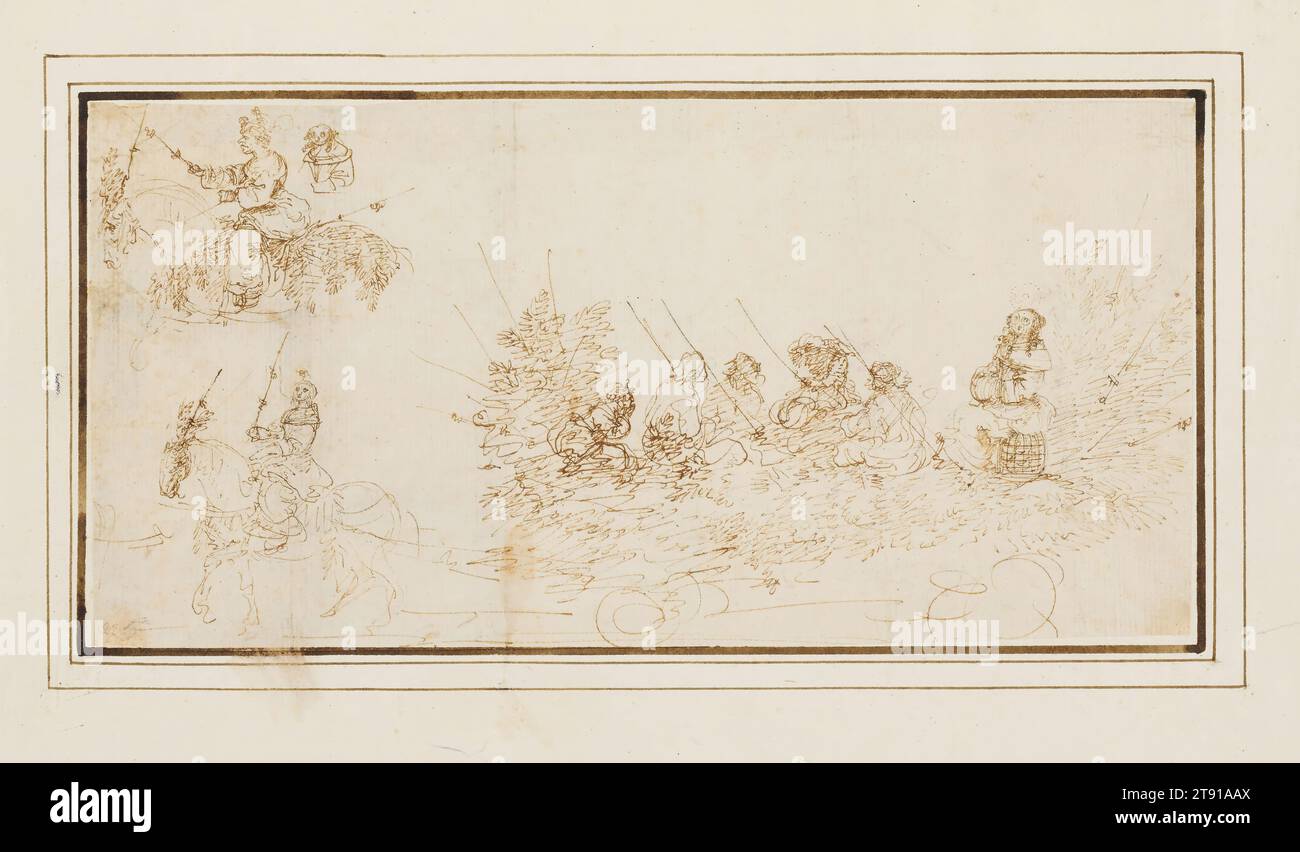 A Horse-Drawn Festival Cart with Studies of a Horseman and a Masquerader, 17th century, Stefano della Bella, Italian (Florence), Italian (Florence), 1610–1664, 4 9/16 x 9 7/16 in. (11.59 x 23.97 cm) (sheet)19 3/4 x 23 3/4 in. (50.17 x 60.33 cm) (outer frame), Pen and brown ink on laid paper, Italy, 17th century Stock Photo