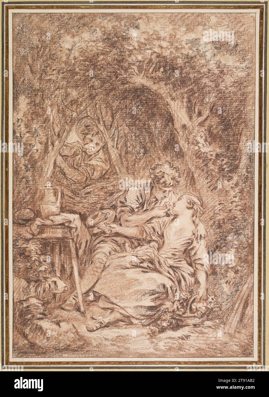 Lovers Surprised (Annette et Lubin), early 1760s, François Boucher, French, 1703–1770, 10 3/4 x 7 7/16 in. (27.31 x 18.89 cm) (image)13 1/4 x 10 5/8 in. (33.66 x 26.99 cm) (mount)18 1/2 × 14 1/8 × 7/8 in. (46.99 × 35.88 × 2.22 cm) (outer frame), Brown and black chalk, with touches of brown wash on paper, France, 18th century, In François Boucher’s world, gods and goddesses, shepherds and shepherdesses, voluptuous nymphs, enchanting peasants, dewy adolescents, and adorable winged infants cannot help but fall in love. Stock Photo