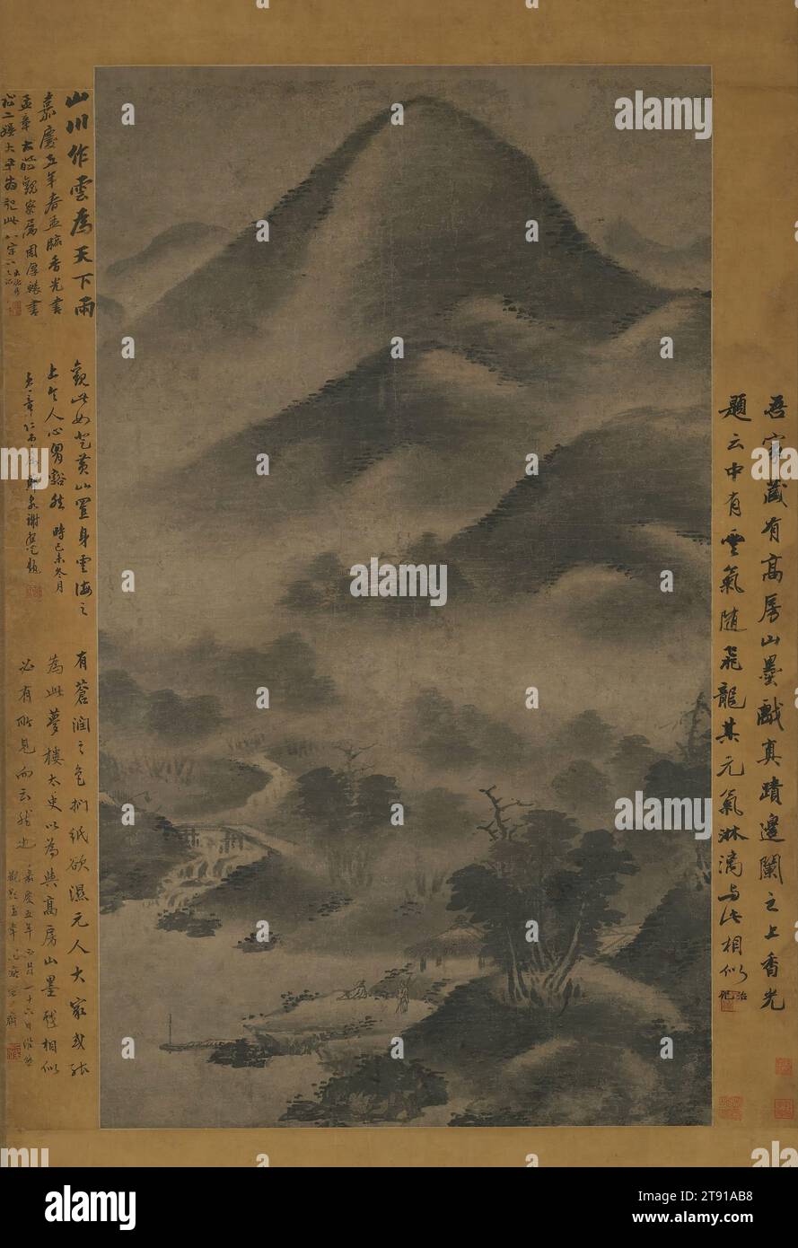 Landscape in the Style of Mi Fu, 14th century, Attributed to Gao Kegong, 1248 - 1310, 42 x 15-5/16 in. (106.7 x 38.9 cm), Ink on paper, China, 14th century, A colophon (mark or inscription) on the mounting of this painting written by renowned painter and calligrapher Wang Wenzhi (1730–1802) attributes it to the important Yuan artist Gao Kegong. (Eminent artists were often invited to write colophons to authenticate or simply to increase the value of the works.) Technically and conceptually, this moistly atmospheric landscape is a clear link to an earlier tradition begun by Mi Fu Stock Photo