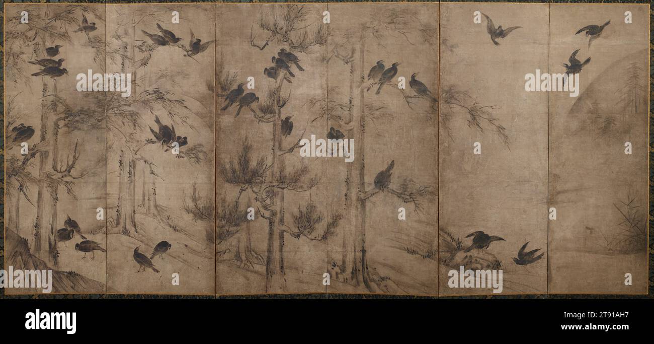 Crows and Cryptomeria, late 16th century, Unknown Japanese, 64 1/2 x 136in. (163.8 x 345.4cm), Six-panel folding screen; ink on paper, Japan, 16th century, A crow's cry is considered an ill omen in China and Japan, yet crows became a standard theme among Japanese artists from the 1500s onward. They may have been inspired by imported Chinese paintings of myna birds, which are not native to Japan, substituting the native species of crow instead. Painters of folding screens (which usually come in pairs) often paired a scene of raucous black crows with a quiet image of white egrets Stock Photo