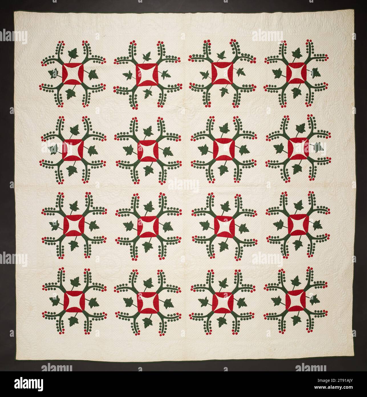 Cherry quilt, 1859, Mary Ellen Jones, American, (Maine), born 1839, 95 x 97 in. (241.3 x 246.38 cm), Cotton; pieced, appliquéd, and quilted, United States, 19th century, Mary Ellen Jones completed what she called her 'cherry quilt' in 1859, when she was twenty years old. Typically, quilts have three layers: a cloth top; a middle layer of cotton batting, cloth, or even paper; and a cloth backing. This one lacks a middle layer, a design choice that facilitated Jones’s fine stitching. She packed up to fourteen tiny stitches into one inch of hand quilting. Stock Photo