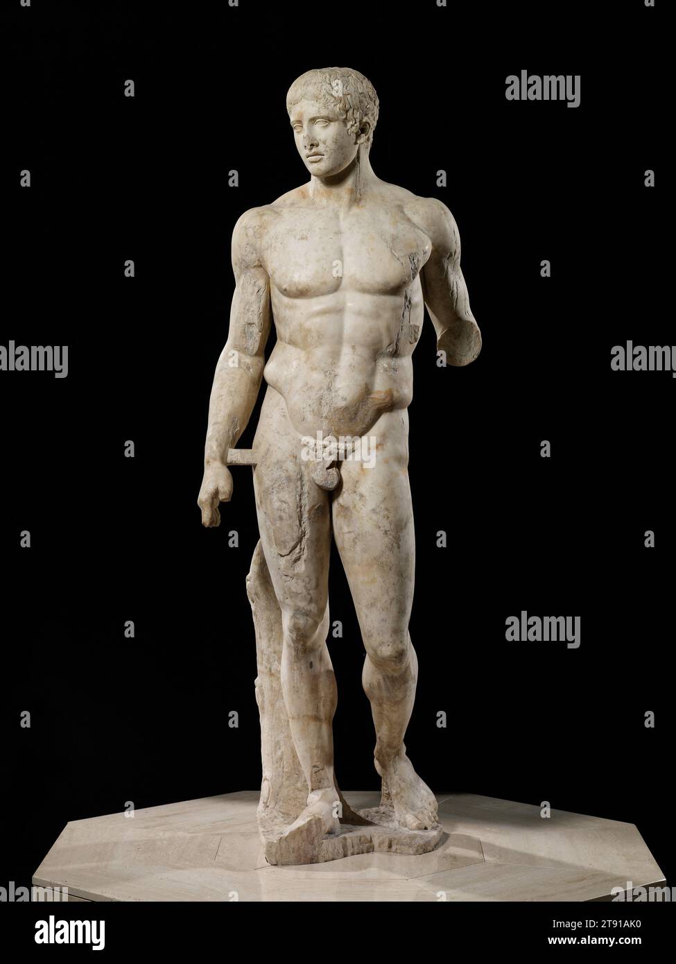 The Doryphoros (after Polykleitos), 27 BCE–68 CE, Unknown Roman; Artist: Polykleitos, 78 x 19 x 19 in. (198.12 x 48.26 x 48.26 cm), Pentelic marble, Italy, 1st century BCE Stock Photo