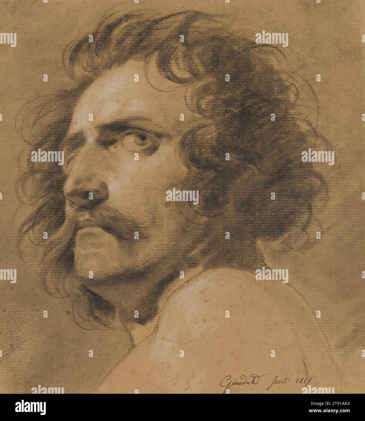 Head of a Mustachioed Man, Three-Quarter View, 1817, Anne-Louis Girodet de Roussy-Trioson, French, 1767–1824, 7 5/8 x 7 1/4 in. (19.4 x 18.4 cm) (image, irregular)14 5/8 x 13 15/16 x 1 1/2 in. (37.15 x 35.4 x 3.81 cm) (outer frame), Charcoal, black and white chalk, with stumping on beige paper, France, 19th century, While this head study was likely drawn from life, the figure’s mustache distances him from the everyday world of Anne-Louis Girodet’s Paris. The drawing can be associated with the artist’s so-called Oriental heads or portraits—a group of late works picturing men from the Near East Stock Photo
