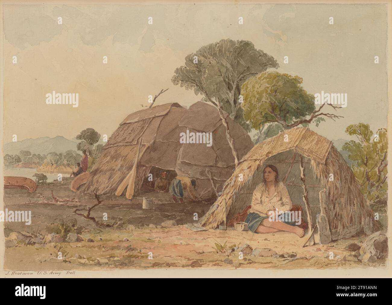 Menstrual Lodge, 1849-1855, Seth Eastman, American, 1808–1875, 6 7/8 × 9 7/8 in. (17.46 × 25.08 cm) (image)9 1/2 × 12 7/16 in. (24.13 × 31.59 cm) (sheet), Watercolor, United States, 19th century, U.S. Army Captain Seth Eastman was a trained artist who served twice on the frontier at Minnesota’s Fort Snelling, from 1830 to 1832 and again from 1841 to 1848. His extensive firsthand, peaceful encounters with Native Americans gave him extraordinary opportunities to observe their customs and practices, which he documented in his art. Stock Photo