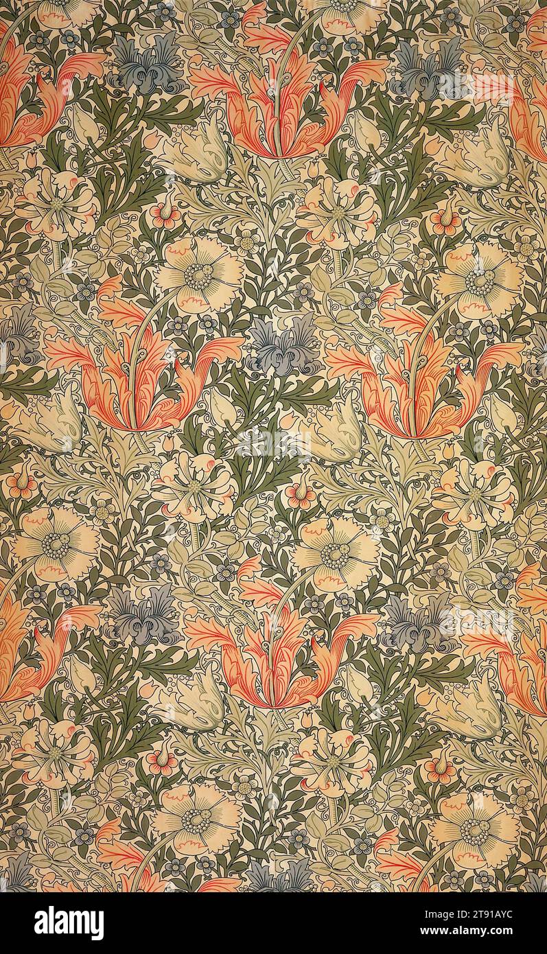 Compton, 1896, John Henry Dearle; Manufacturer: Morris & Co., Merton Abbey, British, 1860 - 1932, 87 1/2 x 30 1/4 in. (222.25 x 76.84 cm), Cotton; block printed, England, 19th century, William Morris is credited with developing the most innovative design style of the nineteenth century, often referred to as British Arts and Crafts. Using soft-toned natural dyes, hand block-printing processes and a distinctive design aesthetic; he created fabrics and wallpapers that were immediately recognizable and immensely popular. Morris's designs generally depict flowers of the English countryside Stock Photo