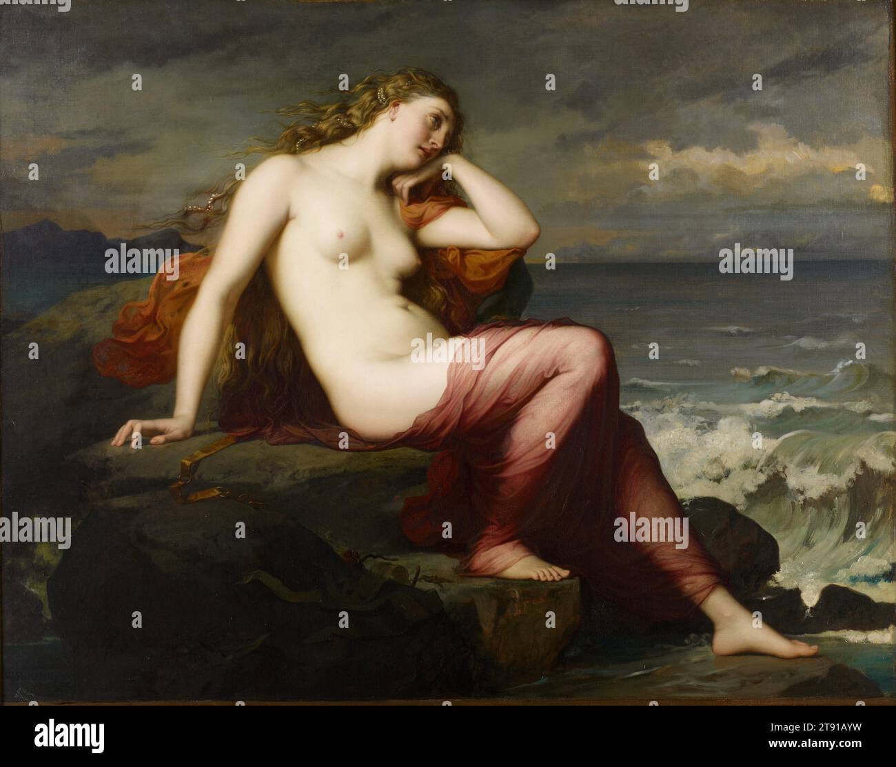 Calypso, 1869, Henri Lehmann, French, 1814 - 1882, 47 1/2 x 60 1/4 in. (120.7 x 153.0 cm), Oil on canvas, France, 19th century, The story of the beautiful nymph Calypso is told in Homer's 'Odyssey', an ancient Greek epic. Calypso lived on the island of Ogygia, where the shipwrecked hero Ulysses (Odysseus) drifted ashore. Plying Ulysses with luxuries, love, and offers of immortality, Calypso kept him with her for seven years. Finally the gods intervened and let him sail for home. Here, Calypso mourns Ulysses' departure, on the same shore where the homesick hero himself used to stare Stock Photo