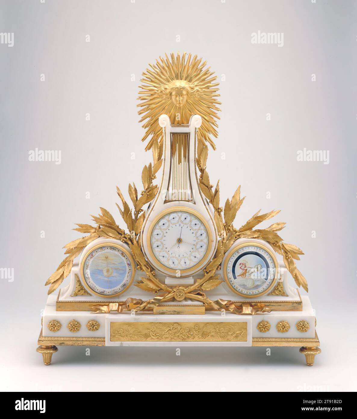 Clock, c. 1789, Jean-Antoine Lepine; Painter: Joseph Coteau, French, 1720–1814, 29 1/2 x 27 x 7 3/4 in. (74.93 x 68.58 x 19.69 cm), Marble, gilt bronze, France, 18th century, The multiple timekeeping functions of this clock make it one of the most ambitious objects ever designed by Jean-Antoine Lépine, clockmaker to King Louis XVI of France. The clock face features twelve secondary clocks that show the time in various cities around the world, from Boston to Batavia (present-day Jakarta, Indonesia). The dial on the left shows the position of the sun with respect to the constellations Stock Photo