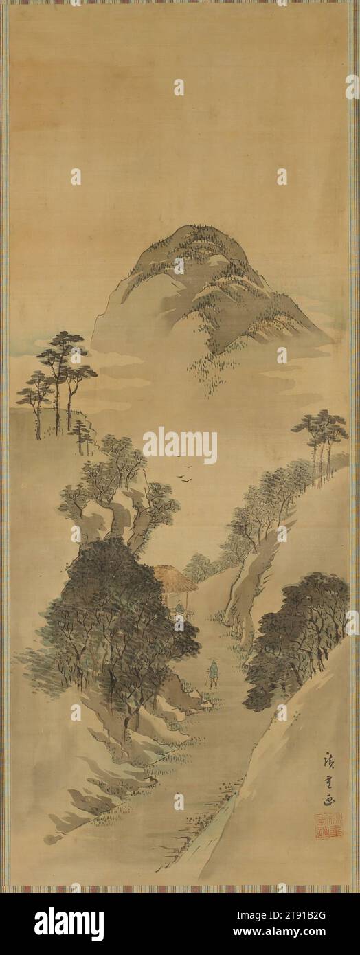Landscape, 19th century, Utagawa Hiroshige, Japanese, 1797 - 1858, 34 x 13 1/8 in. (86.36 x 33.34 cm) (image)65 x 14 5/8 in. (165.1 x 37.15 cm) (mount) 42 cm w w/rollers, Ink and color on silk, Japan, Nikuhitsu ukiyo-e Stock Photo