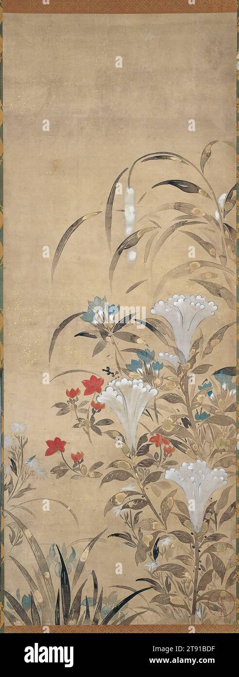 Flowers of Autumn left of a pair of Flowers of Summer and Autumn, first half 17th century, Tawaraya Sōsetsu, Japanese, act. 17th cent., 51 13/16 × 19 7/16 in. (131.6 × 49.37 cm) (image)84 1/2 × 21 1/16 in. (214.63 × 53.5 cm) (mount, without roller ), Ink, color, and gold on paper, Japan, 17th century, Colorful wildflowers of summer and autumn abound in this pair of hanging scrolls by an early painter of the Rinpa school, a lineage of painters of the Edo period (1603–1868) that engaged with classical Japanese themes and designs to create a distinctively decorative style of painting. Stock Photo