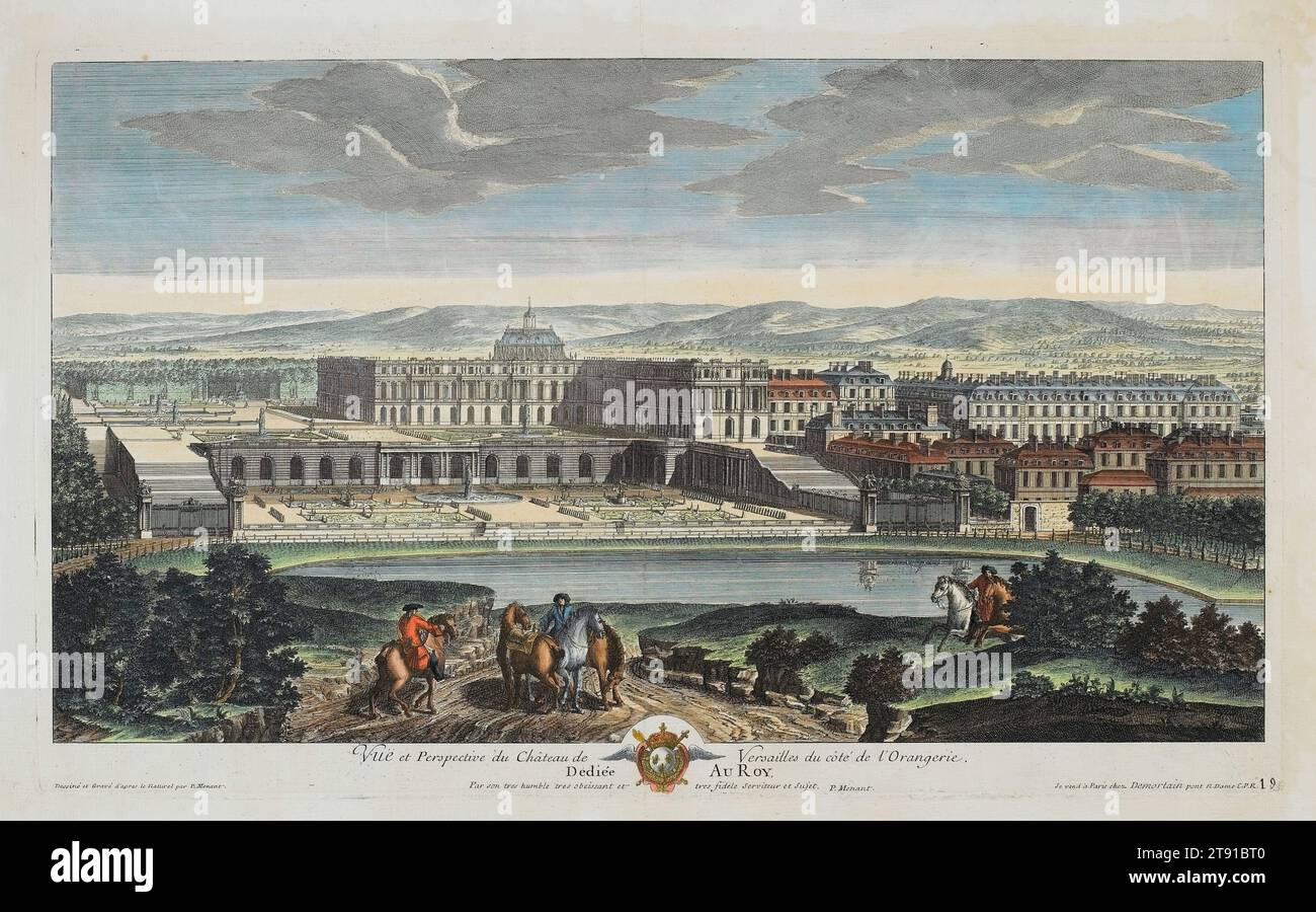 View of the Chateau of Versailles from the Orangery, 1716, Pierre Menant, French, 14 x 23 3/8 in. (35.56 x 59.37 cm) (plate)16 7/8 x 25 5/8 in. (42.86 x 65.09 cm) (sheet), Hand-colored etching and engraving, France, 18th century, One of Louis XIV's more blatant extravagances was the Orangery, a large conservatory dug into the slope below the south wing of palace where, sheltered from the wind, temperatures remained moderate year-round. The cost of excavating the hill, moving the mass of earth away, and constructing the long, vaulted galleries and two vast staircases framing the garden ran well Stock Photo