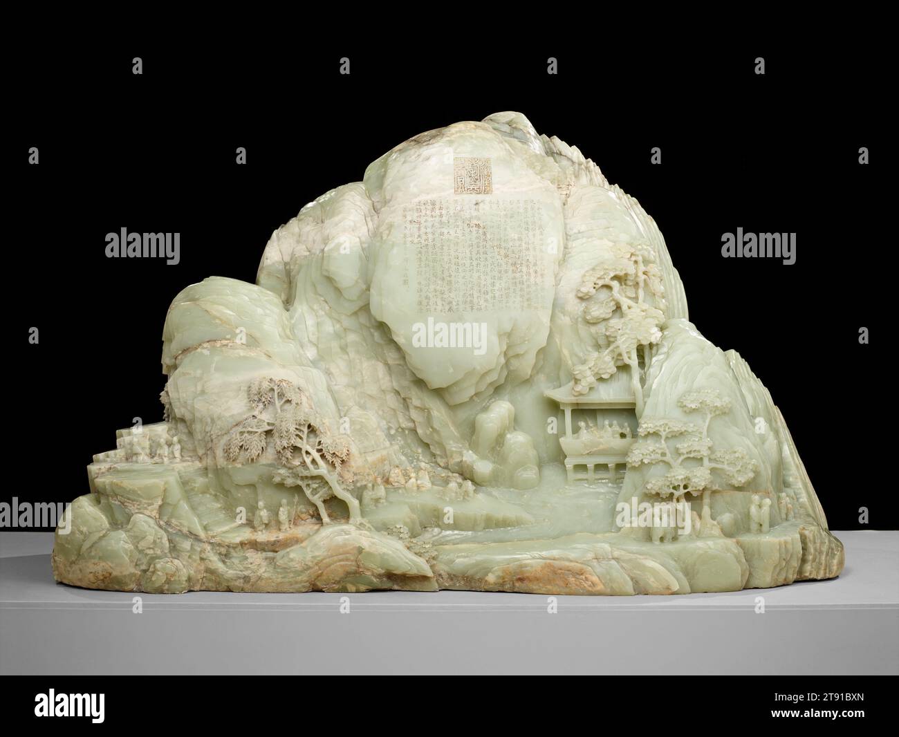 Jade Mountain Illustrating the Gathering of Scholars at the Lanting Pavilion, 1790, 22 1/2 × 38 3/8 in. (57.2 × 97.5 cm), Light green jade, China, 18th century, The Qing dynasty emperor Qianlong (r. 1736–95) commissioned this jade boulder, apparently the largest piece of historic carved jade outside of China. It depicts a literary gathering of scholar-officials at Lanting, the Orchid Pavilion described in 'Lanting jixu' (Preface to the Poems Composed at the Orchid Pavilion), by Wang Xizhi (303–361), recognized as the greatest calligrapher of the Far East. Stock Photo