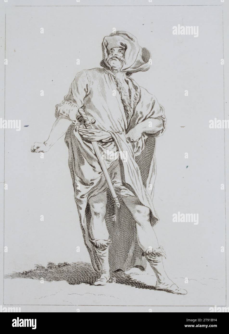 Standing Man with Sword, c. 1729-1738, Simon François Ravenet I; Architect: after Carle Vanloo, French, 1705-1765, 9 1/4 x 6 5/8 in. (23.5 x 16.83 cm) (plate)14 7/8 x 10 3/8 in. (37.78 x 26.35 cm) (sheet), Etching, France, 18th century Stock Photo