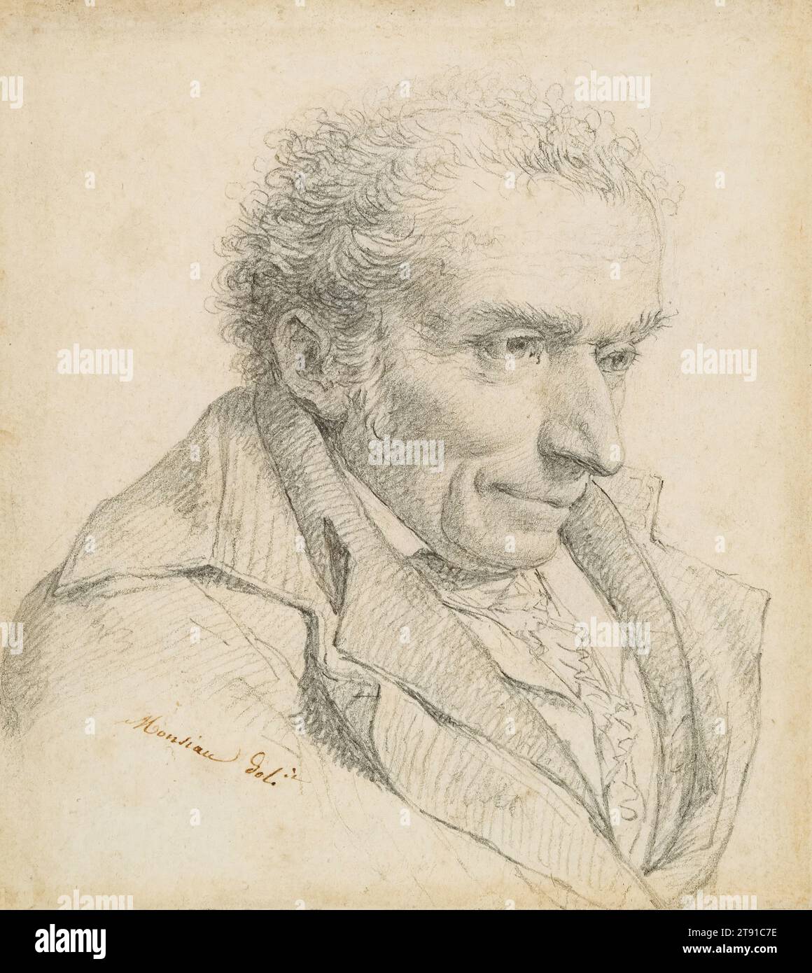 Portrait of Houdon, c. 1803-1808, Nicolas-André Monsiau, French, 1754 - 1837, 5 1/16 x 4 9/16 in. (12.86 x 11.59 cm) (image)10 1/4 x 10 7/8 x 3/8 in. (26.04 x 27.62 x 0.95 cm) (outer frame), Graphite, France, 19th century, Monsiau was a distinguished painter of religious, historical and modern themes as well as a prolific illustrator of books. He became a member of the Royal Academy in 1789 and exhibited his paintings and drawings at the biennial Paris Salons from 1787 until 1833. The subject of Monsiau's portait drawing is Jean-Antoine Houdon (1754-1828), himself a renowned portraitist Stock Photo