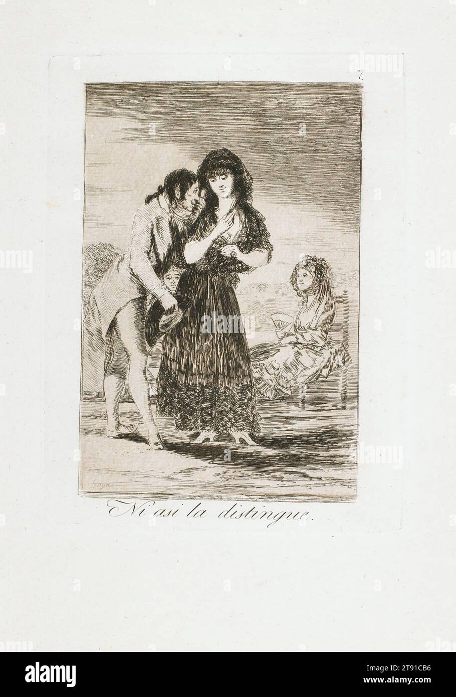 Ni asi la Distingue (Even so he cannot recognize her), from Los Caprichos, 1799, Francisco José de Goya y Lucientes, Spanish, 1746–1828, 7 3/4 x 5 7/8 in. (19.69 x 14.92 cm) (plate)11 1/4 x 7 13/16 in. (28.58 x 19.84 cm) (sheet), Etching, aquatint, and drypoint, Spain, 18th century, In 1793, an illness left Spanish court painter, Francisco Goya profoundly deaf, a condition that may have liberated him to explore unconventional subjects in his art. A few years later, he published Los Caprichos, a set of 80 etchings and aquatints that delved into prostitution, superstition, religious exploitation Stock Photo