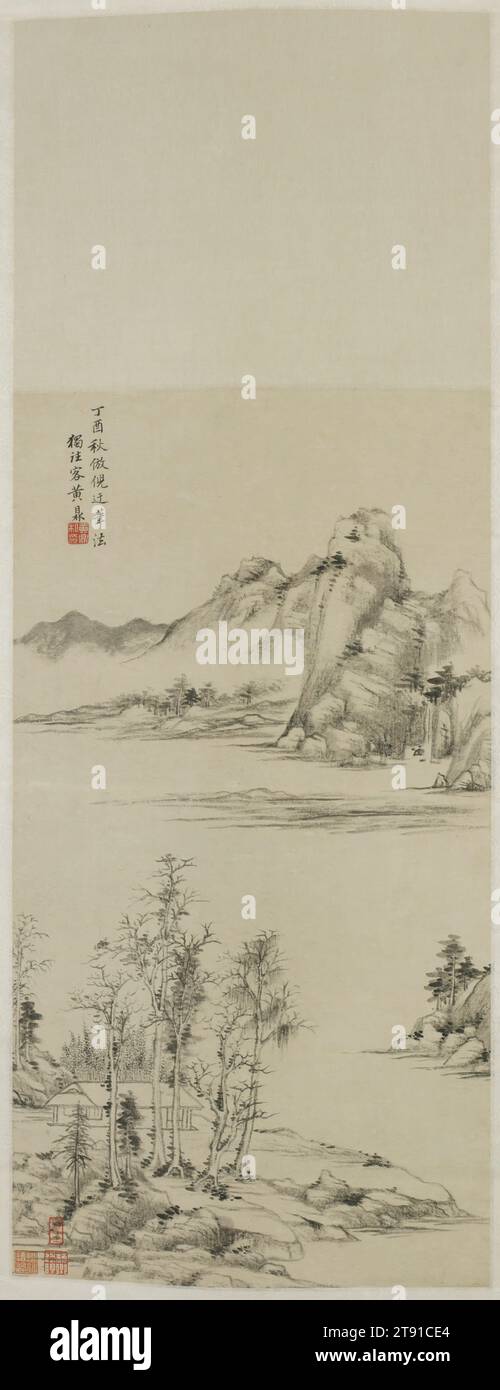 Landscape in the Manner of Ni Zan, 1717, Huang Ding, 1660-1730, 36-1/2 x 13-13/16 in. (92.7 x 35.1 cm), Ink on paper, China, 18th century, Huang Ding, also known as Kuang Ting and Du Wang Ke, was from Changzhou in Jiangsu Province. Like many Qing orthodox painters, he was influenced by the aesthetic theories of Dong Qichang (1555-1636) and he studied the landscape of Song and Yuan masters. Signed paintings by Huang cite the styles of Dong Yuan (c. 900-962), Ni Zan (1301-1374), and Dong Qichang as inspiring his own work Stock Photo