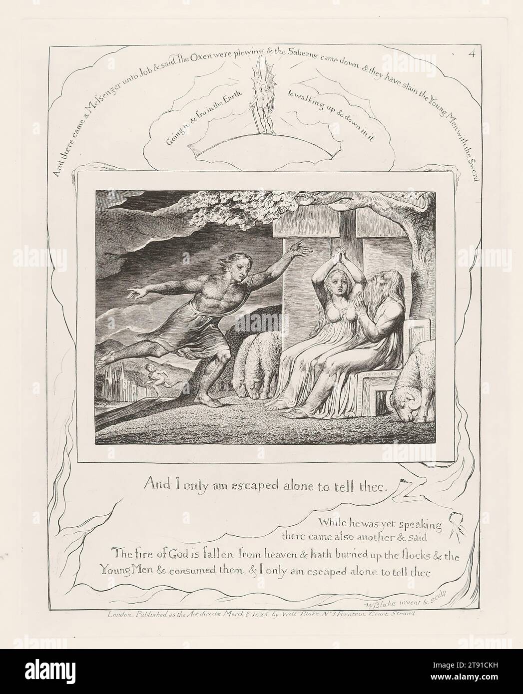 And I only am escaped alone to tell thee., 1825, William Blake, British, 1757–1827, 8 1/2 x 6 5/8 in. (21.59 x 16.83 cm) (sheet), Engraving, England, 19th century, Two messengers arrive left feet first to announce the disasters. For Blake, the right hand and foot symbolized the spiritual; the left evoked the material. Job and his wife are seated beneath a pair of heavy stone crosses. Above them is a tree with scant foliage and no fruit. To the left, the Gothic church appears for the last time in the series Stock Photo