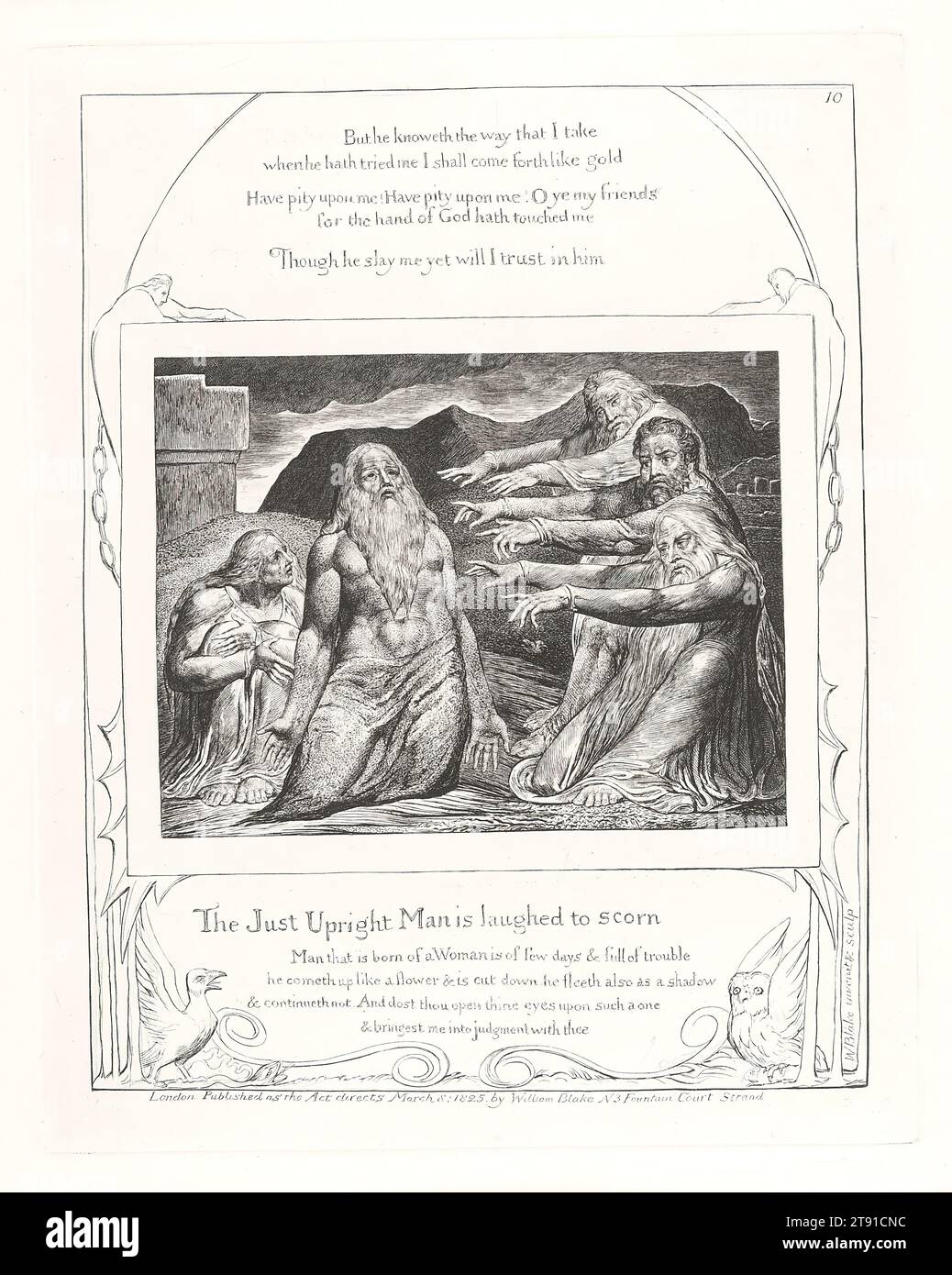 The Just Upright Man is laughed to scorn, 1825, William Blake, British, 1757–1827, 8 7/16 x 6 5/8 in. (21.43 x 16.83 cm) (sheet), Engraving, England, 19th century, Job's first error was admitting Satan the Accuser into his mind. Now that error appears in the outer world, Job is condemned by his friends even as he had condemned his children. The friends separate themselves from him and seek to render themselves holier by berating him. Even Job's wife doubts him momentarily; the cross stands above her now. These events benefit Job. Guiltless, as far as he knows, he appeals to his God Stock Photo