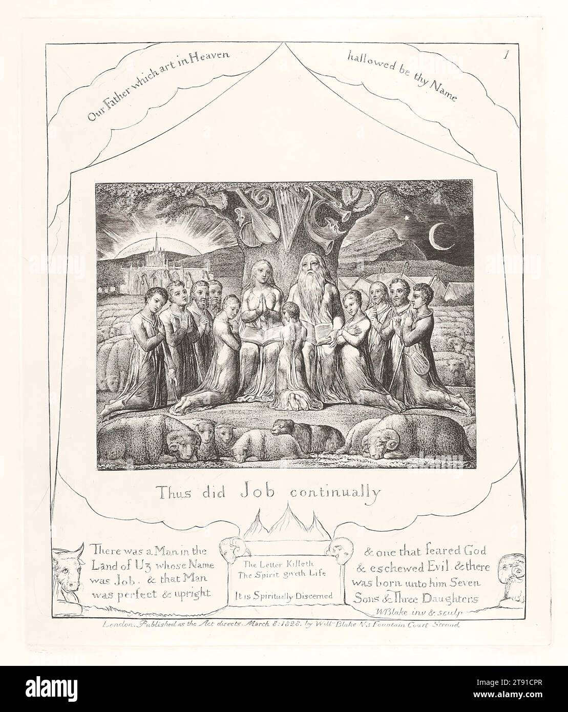 Thus did Job continually, 1825, William Blake, British, 1757–1827, 7 3/4 x 6 1/2 in. (19.69 x 16.51 cm) (sheet), Engraving, England, 19th century, In plate one, Job and his family are still in the pastoral state of Innocence and shown at their evening prayers. Job is basically a good man, although he never recognized the true God. A Gothic church to the left represents his spiritual wealth; to the right, the flocks and barns represent his material wealth. Job fears God instead of loving him as a friend and deepest of all is his secret pride which must be humbled Stock Photo