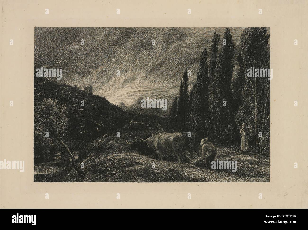 The Early Ploughman (The Morning Spread upon the Mountains), c. 1861, Samuel Palmer, English, British, 1805–1881, 5 1/8 x 7 3/4 in. (13.02 x 19.69 cm) (plate), Etching, England, 19th century Stock Photo